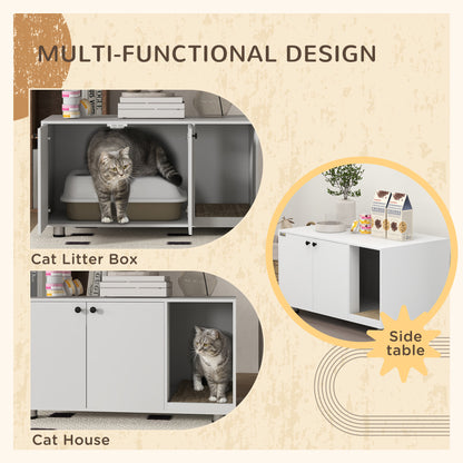 Litter Box Furniture Hidden Cat Washroom Furniture with Double Doors and Scratching Pad, White