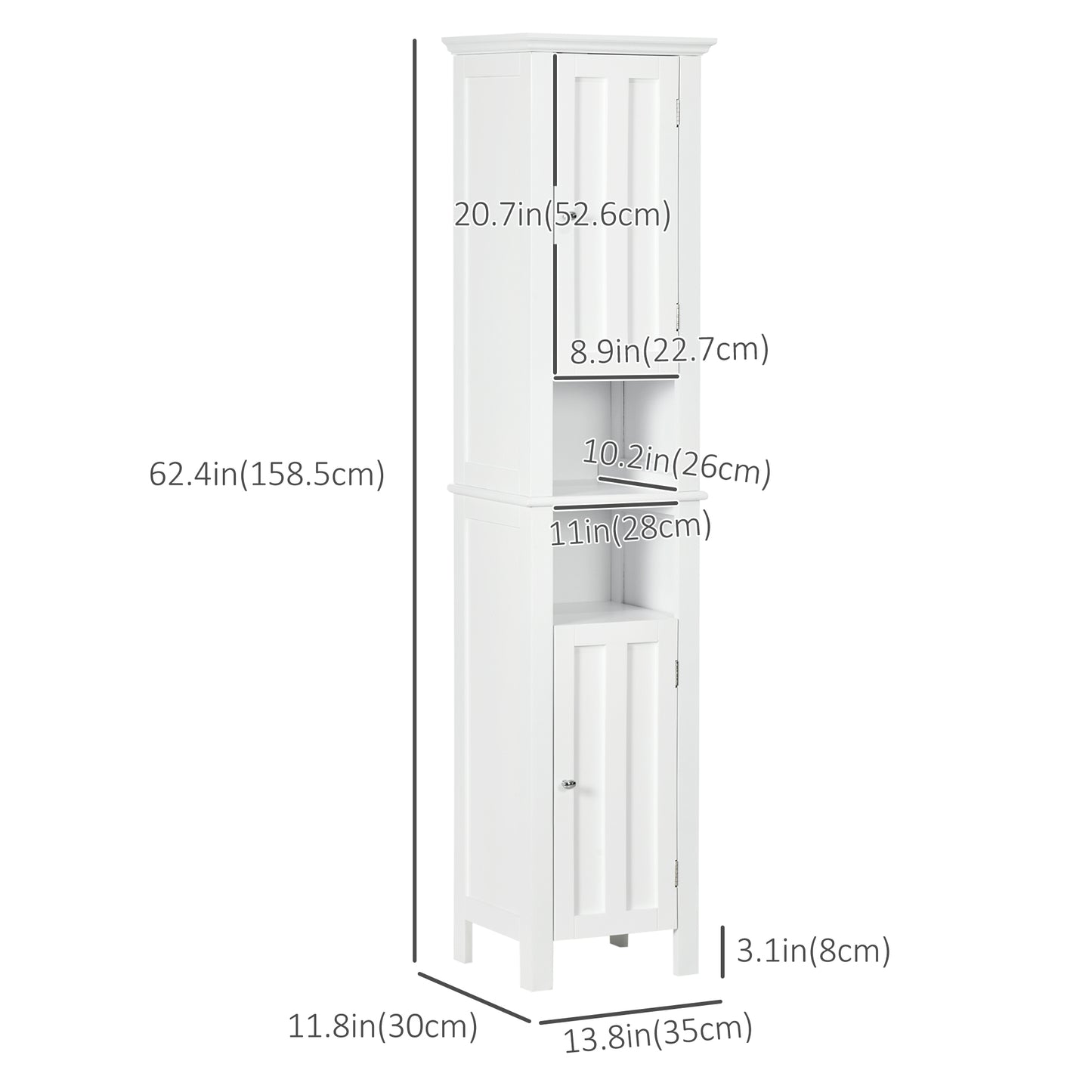 Bathroom Cabinet, Freestanding Linen Cabinet with Open Shelves, 13.8" x 11.8" x 62.4", White