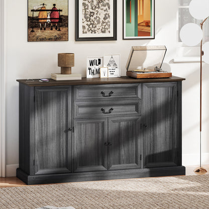 Farmhouse Sideboard with Charging Station and Thickened Top, 58" Buffet Cabinet with 2 Soft-Close Drawers, Black