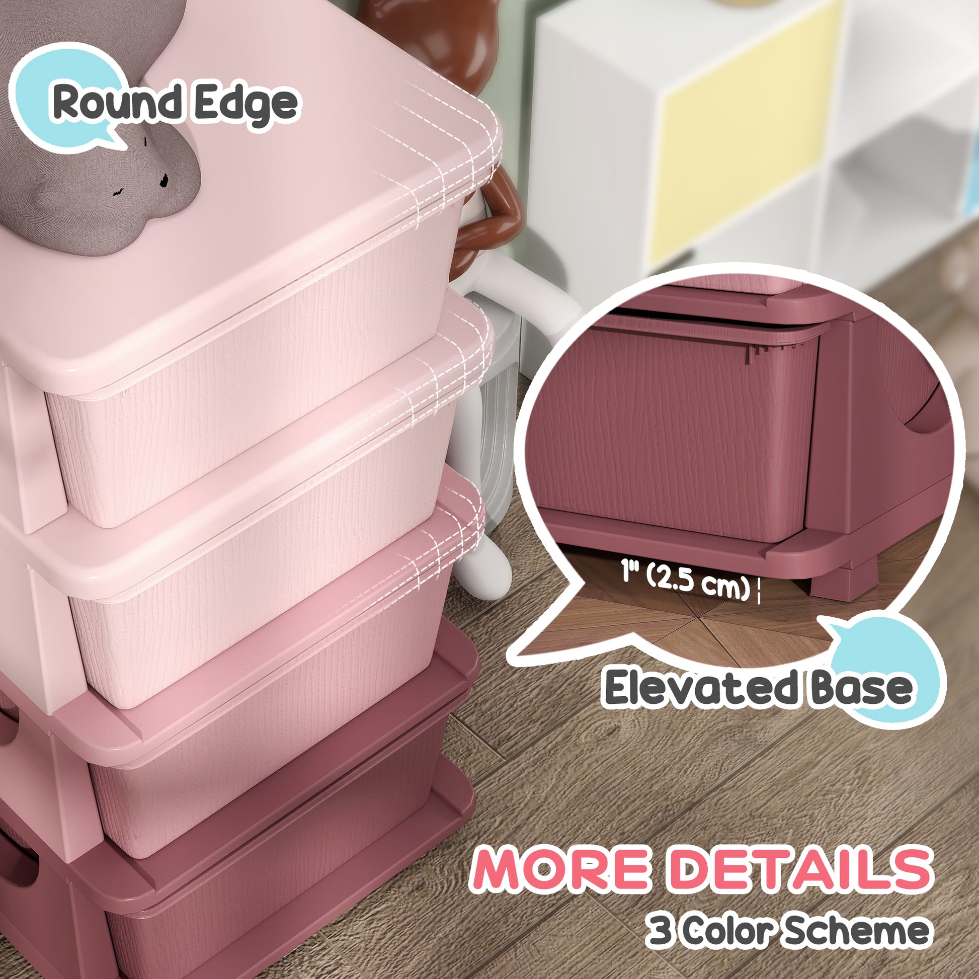 Qaba 4 Tier Kids Toy Organizer and Storage Bins with 4 Plastic Drawers, Pink