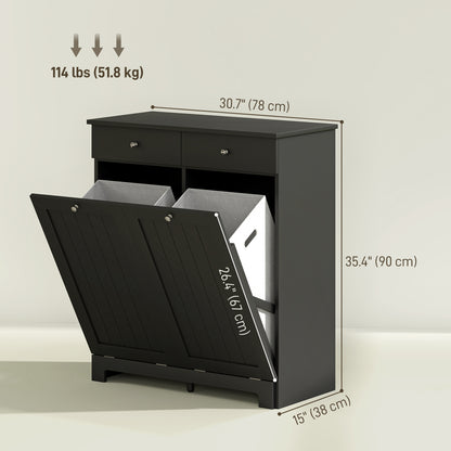 Laundry Cabinet, Tilt Out Laundry Hamper Cabinet with 2 Baskets, Bathroom Hamper Cabinet with 2 Drawers, Black
