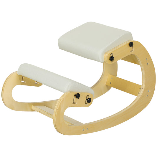 Ergonomic Kneeling Chair, Adjustable Rocking Wood Kneeling Stool, Desk Chair, Improve Posture, Cream White