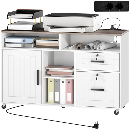 Mobile Printer Stand with Charging Station and USB Ports, Locking Filing Cabinet for A4 and Letter Size, White
