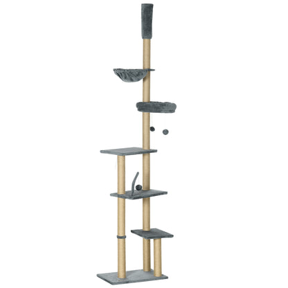 Floor to Ceiling Cat Tree, 90.5" - 98.5" Cat Tower with Scratching Post, Dangling Balls, Platforms, Bed, Hammock, Grey