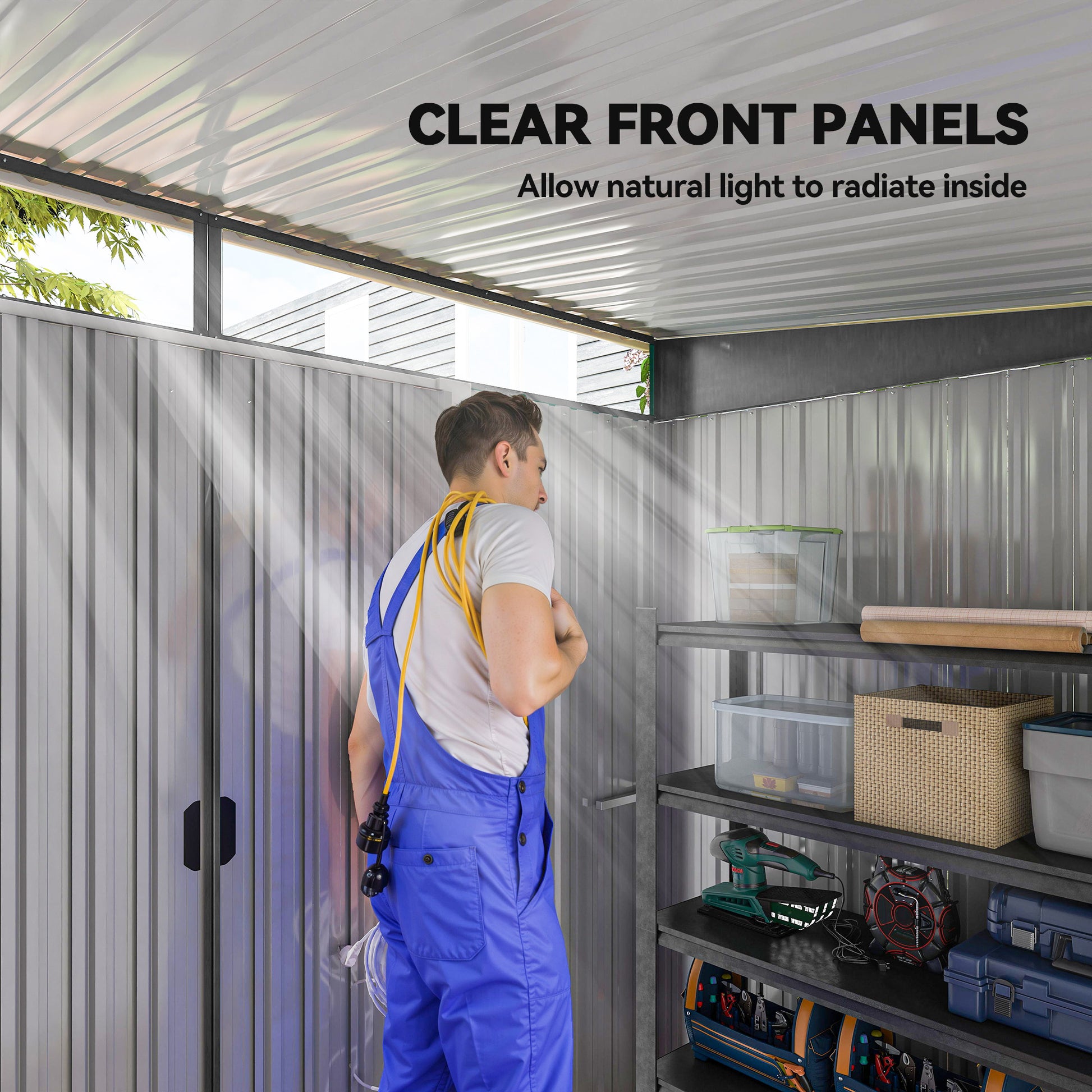 8.5' x 6' Small Gardening Shed Lockable Steel Utility Storage Outdoor Backyard Garden for Gardeners, Grey