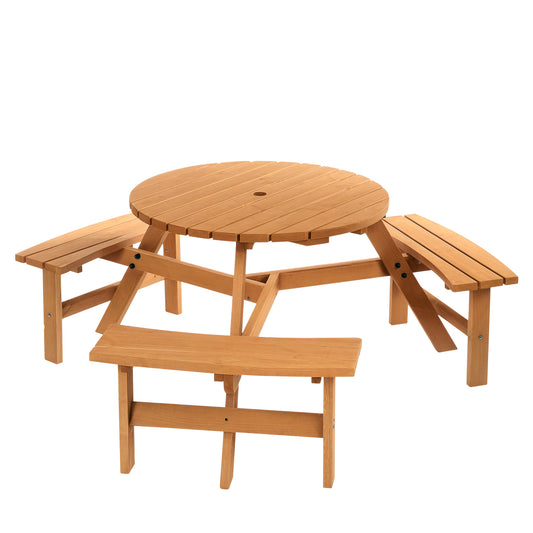 6 Person Round Picnic Table Bench Set with Umbrella Hole, Wood Patio Table with 3 Built-in Benches for Garden, Deck, Bac