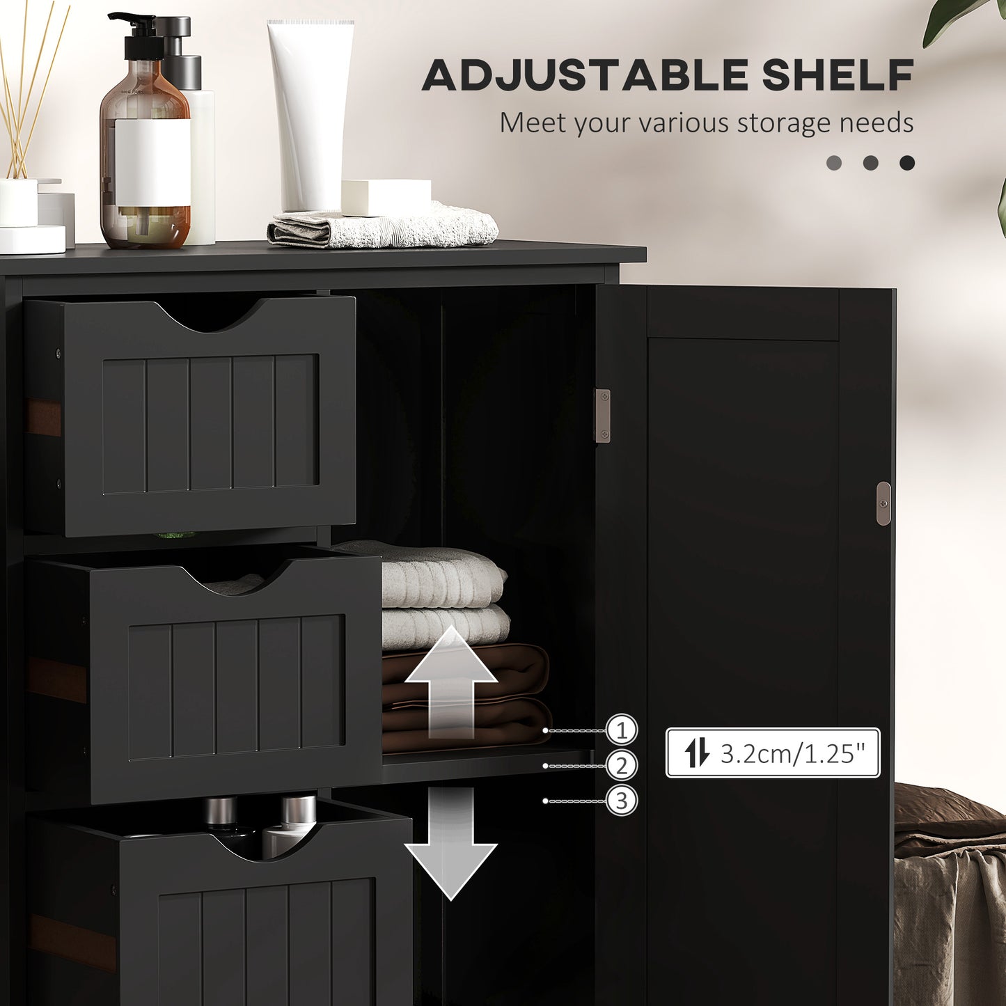 Bathroom Storage Cabinet, Floor Cabinet with Adjustable Shelf and 4 Drawers, Side Cabinet for Washroom, Black