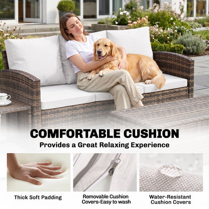 6 Pieces Wicker Patio Furniture Set with Cushions, 7-Seater Rattan Patio Sofa Set with Storage Table, Cream White