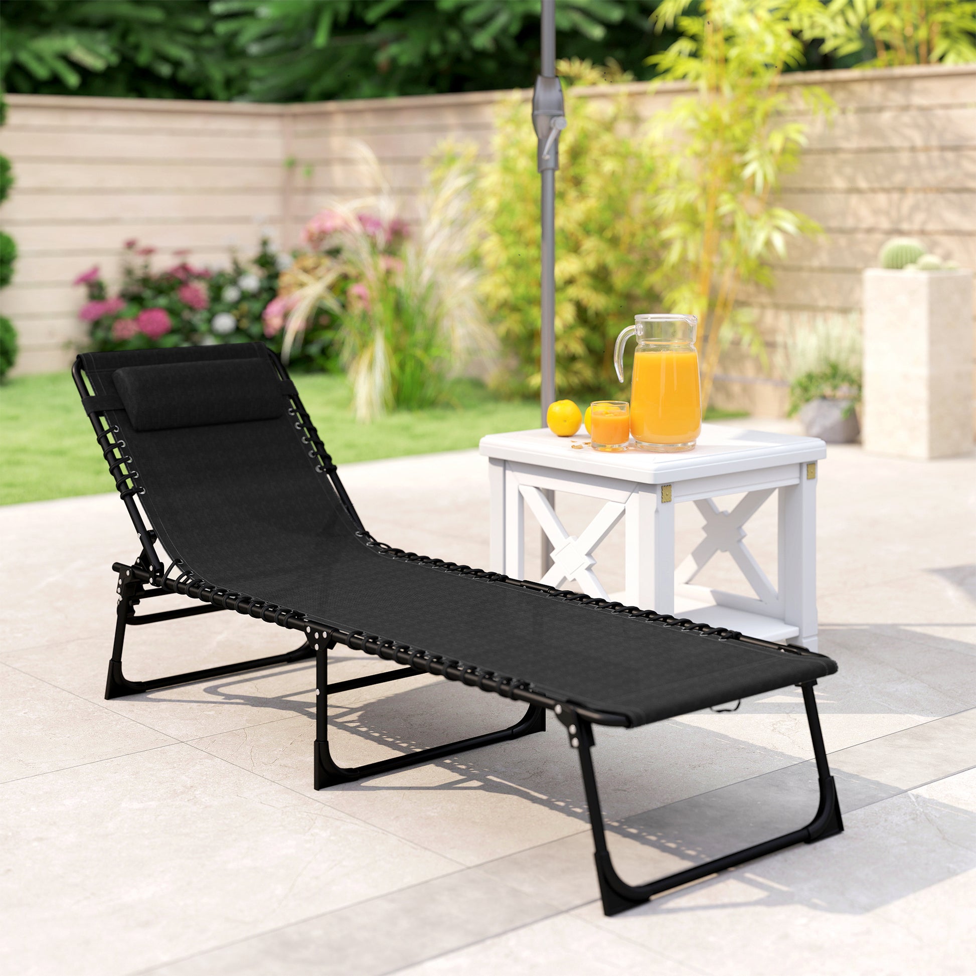 Outdoor Folding Lounge Chair, 4-Level Adjustable Chaise Lounge with Headrest, Tanning Chair Beach Bed Reclining Lounger 