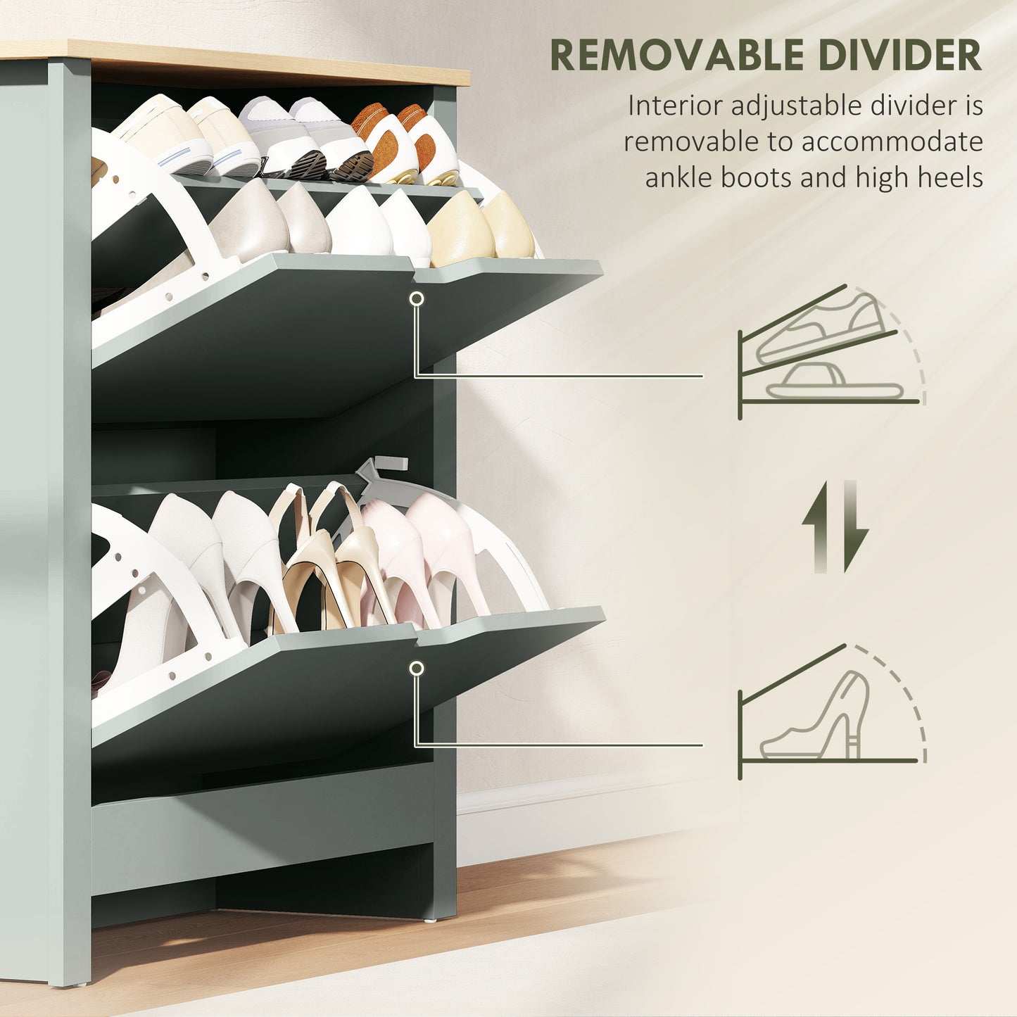 Shoe Storage Cabinet with 2 Flip Drawers and Adjustable Shelves for 8–12 Pairs of Shoes, Light Grey