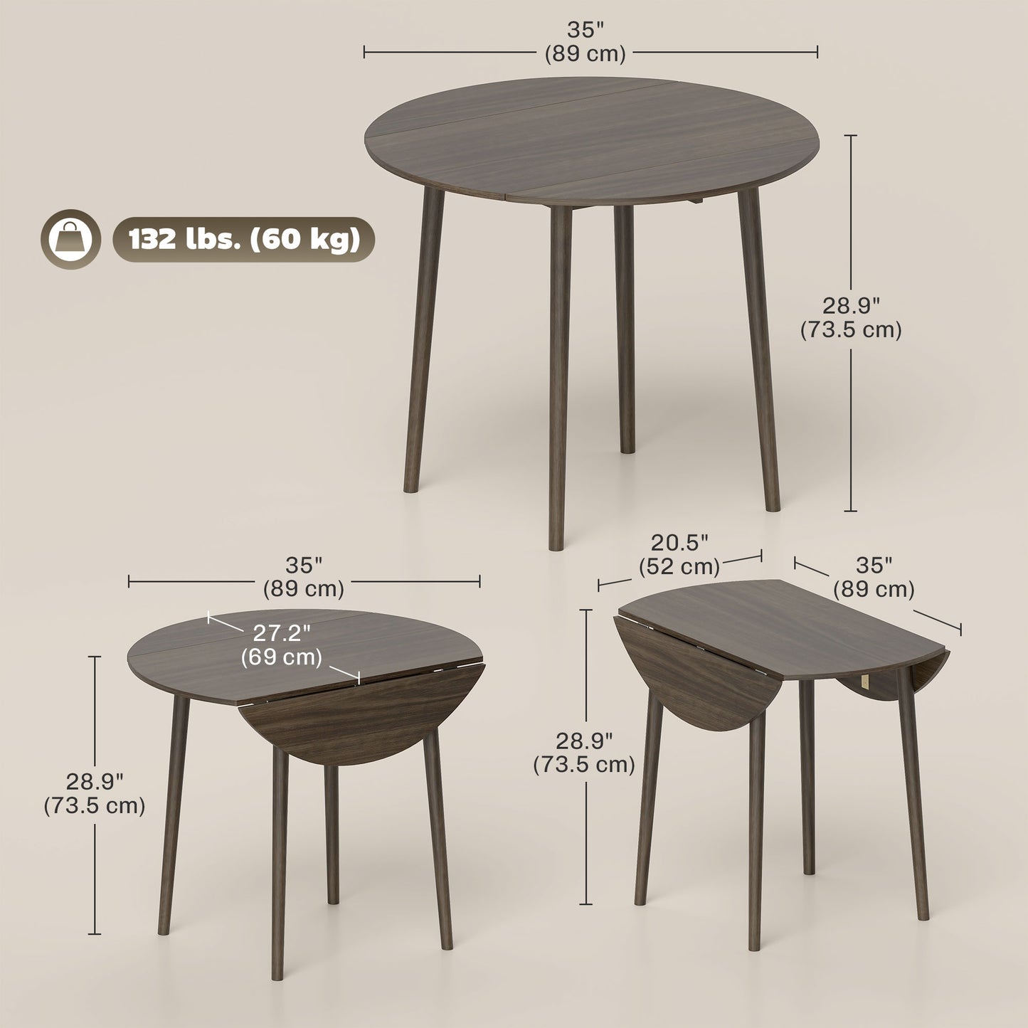 Folding Dining Table, Round Drop Leaf Kitchen Table for Small Spaces with Wood Legs, Distressed Grey