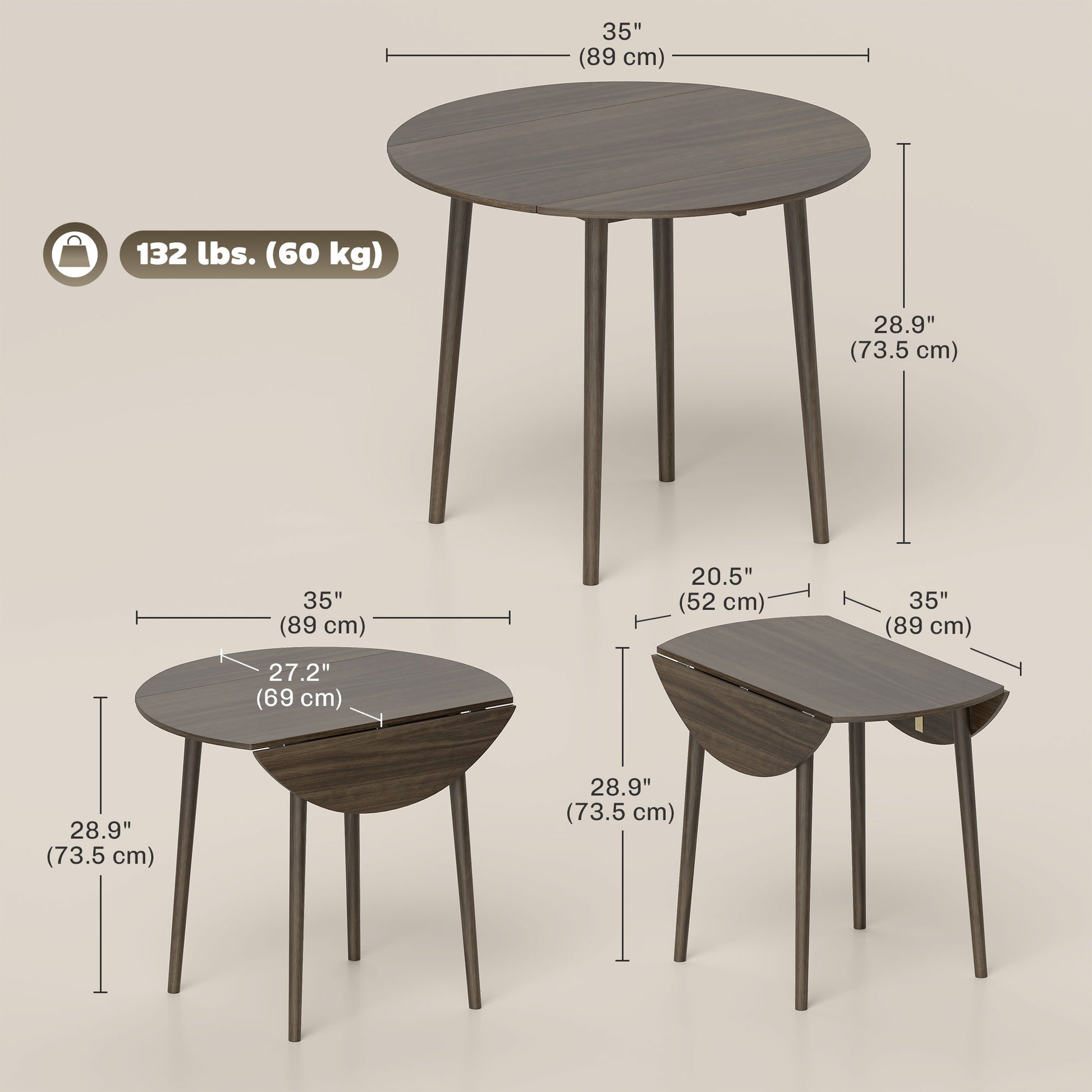 Folding Dining Table, Round Drop Leaf Kitchen Table for Small Spaces with Wood Legs, Distressed Grey