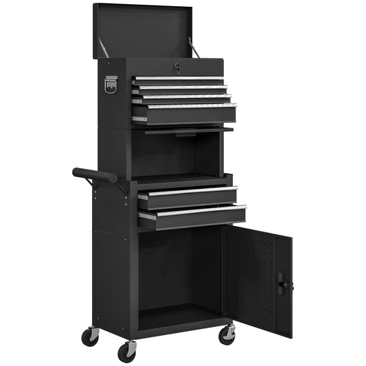 Large Tool Cabinet, 3-in-1 Rolling Tool Chest, Detachable Tool Storage Organizer with 6 Drawers and Pegboard, Black