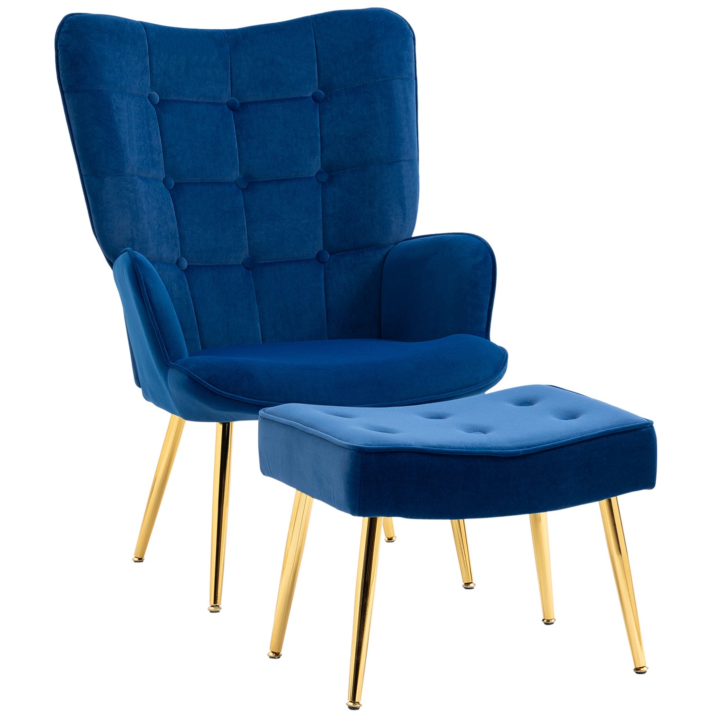 Modern Accent Chair with Ottoman, Upholstered Armchair with Footrest, Gold Metal Legs for Living Room, Bedroom, Dark Blu