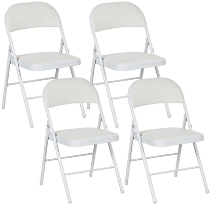 Set of 4 Metal Foldable Chairs, PU Leather Padded Folding Chairs with Cushion Seat and Open Back for Indoor, White