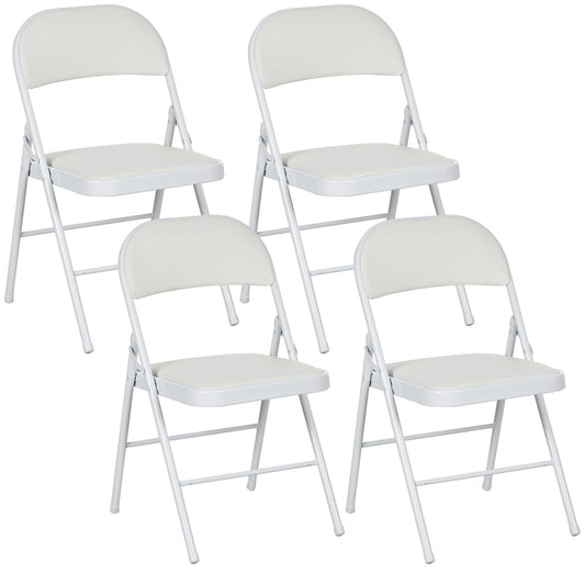 Set of 4 Metal Foldable Chairs, PU Leather Padded Folding Chairs with Cushion Seat and Open Back for Indoor, White
