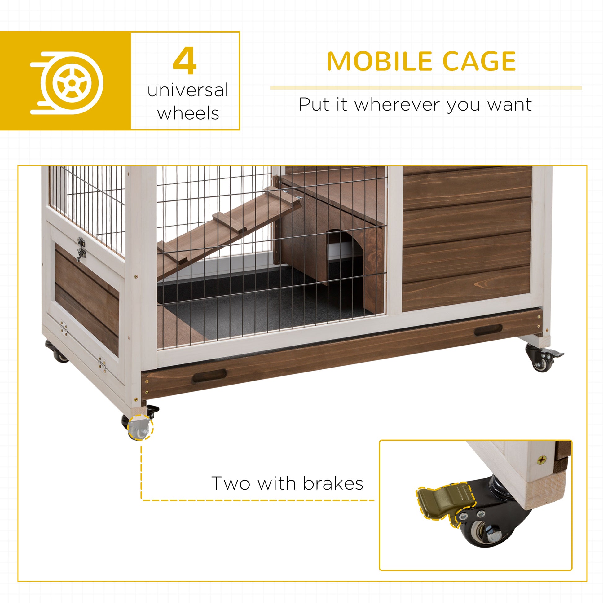Wooden Indoor Rabbit Hutch Elevated Bunny Cage Habitat with Enclosed Run with Wheels, Ideal for Rabbits and Guinea Pigs,