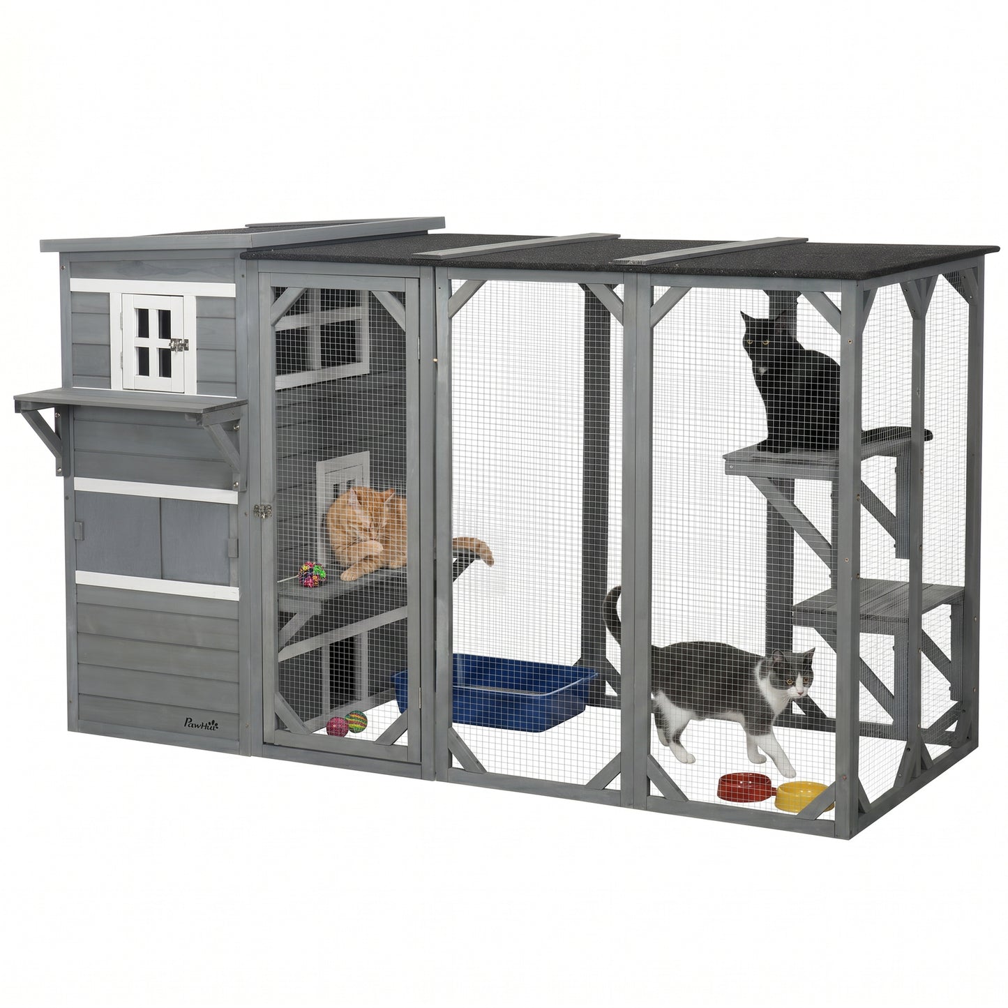 Wooden Cat Catio, 76"L Walk in Outdoor Cat House with Asphalt Roof, Platforms, Lockable Doors, 3-tier Resting Condo, Obs