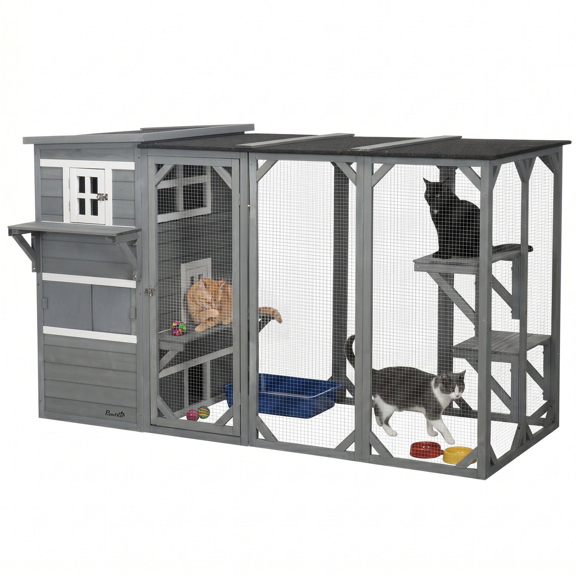 Wooden Cat Catio, 76"L Walk in Outdoor Cat House with Asphalt Roof, Platforms, Lockable Doors, 3-tier Resting Condo, Obs
