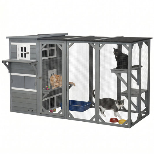 Wooden Cat Catio, 76"L Walk in Outdoor Cat House with Asphalt Roof, Platforms, Lockable Doors, 3-tier Resting Condo, Obs