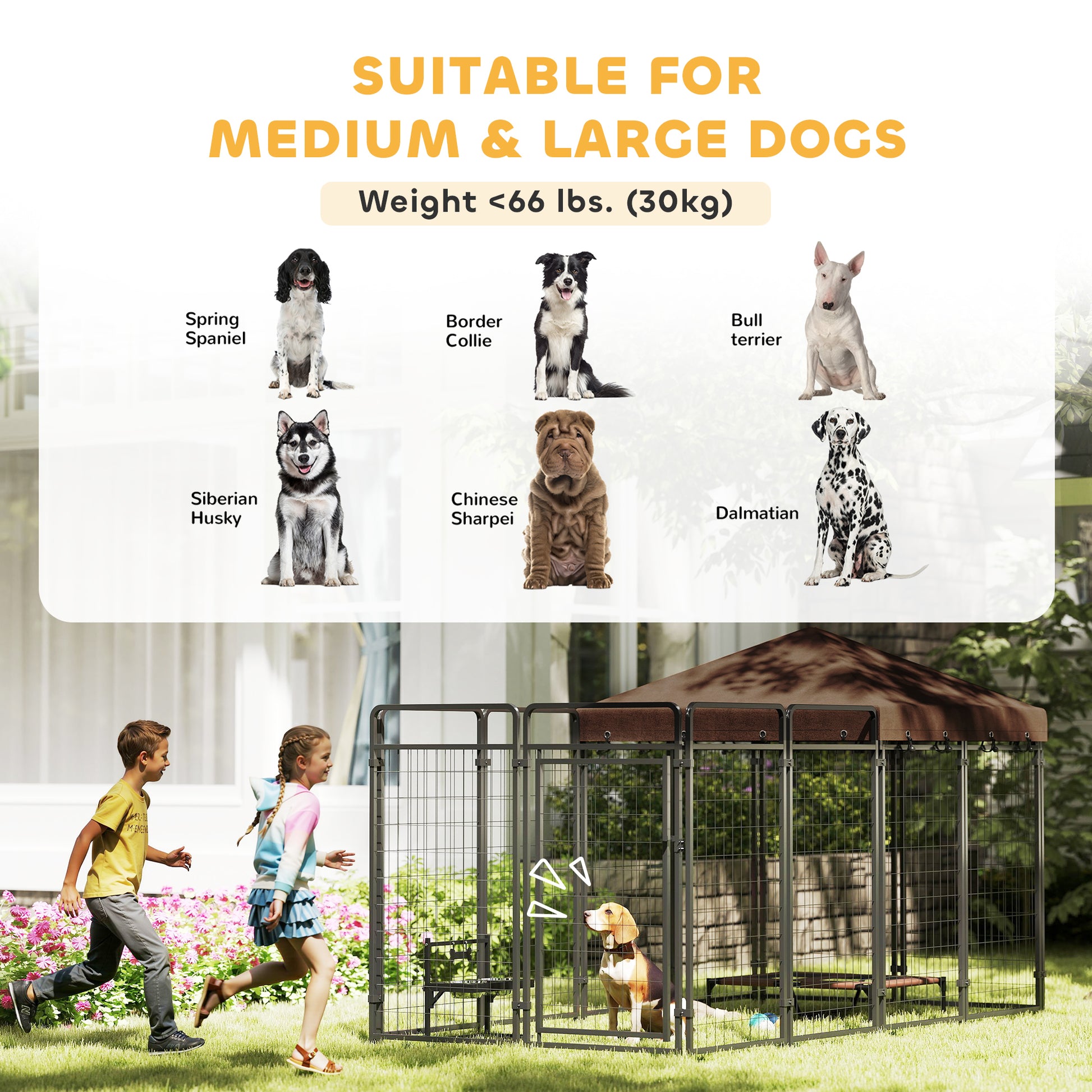 Dog Kennel Outdoor with Waterproof Canopy, Dog Run with Galvanized Chain Link for Large and Medium Dogs, Black