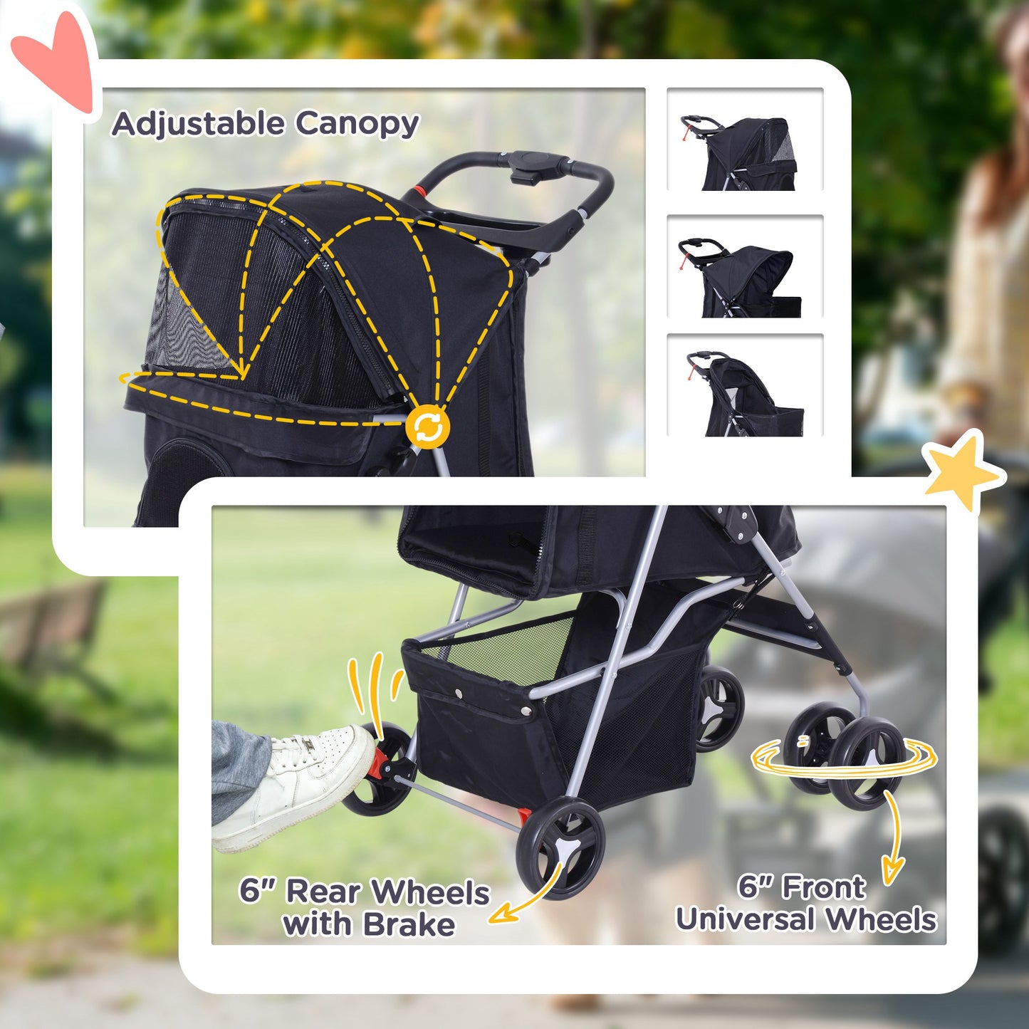 Cat Dog Stroller, One-click Foldable Pet Stroller w/Cup Holder, 4 Wheels Travel Carrier w/Brakes, 360° Swiveling Front W