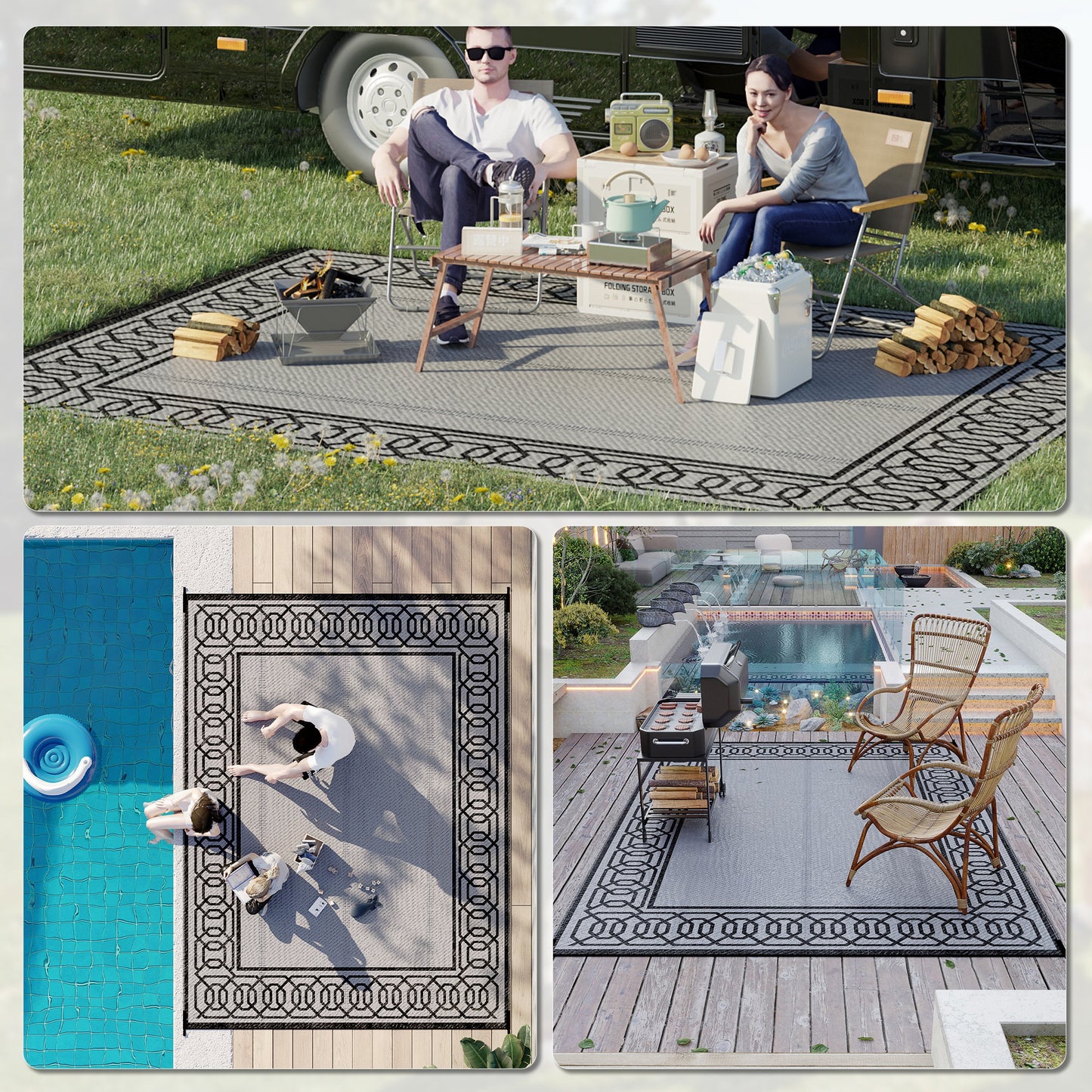 Portable Outdoor Rug with Carrying Bag, 9' x 12' Reversible Mat, Waterproof Plastic Straw RV Rug for Backyard, Deck, Pic