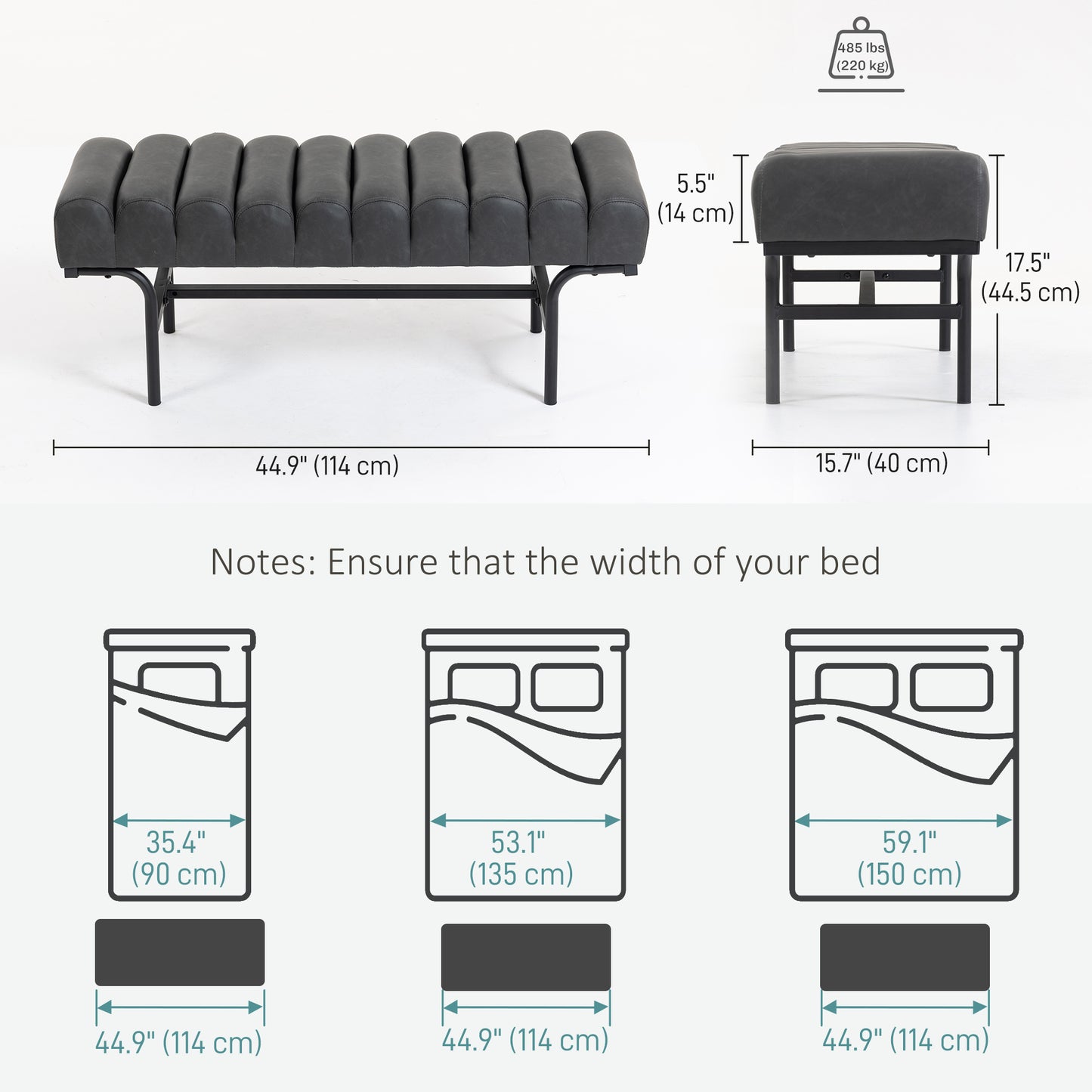 Bedroom Bench PU Leather End of Bed Bench with Cylindrical Seat and Metal Legs for Bedroom Living Room Hallway Black