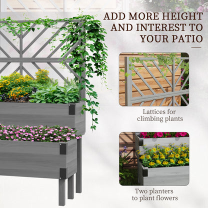 Raised Garden Bed with Trellis, 2 Tier Wooden Elevated Planter Box  for Vegetables, Flowers, Herbs, Grey