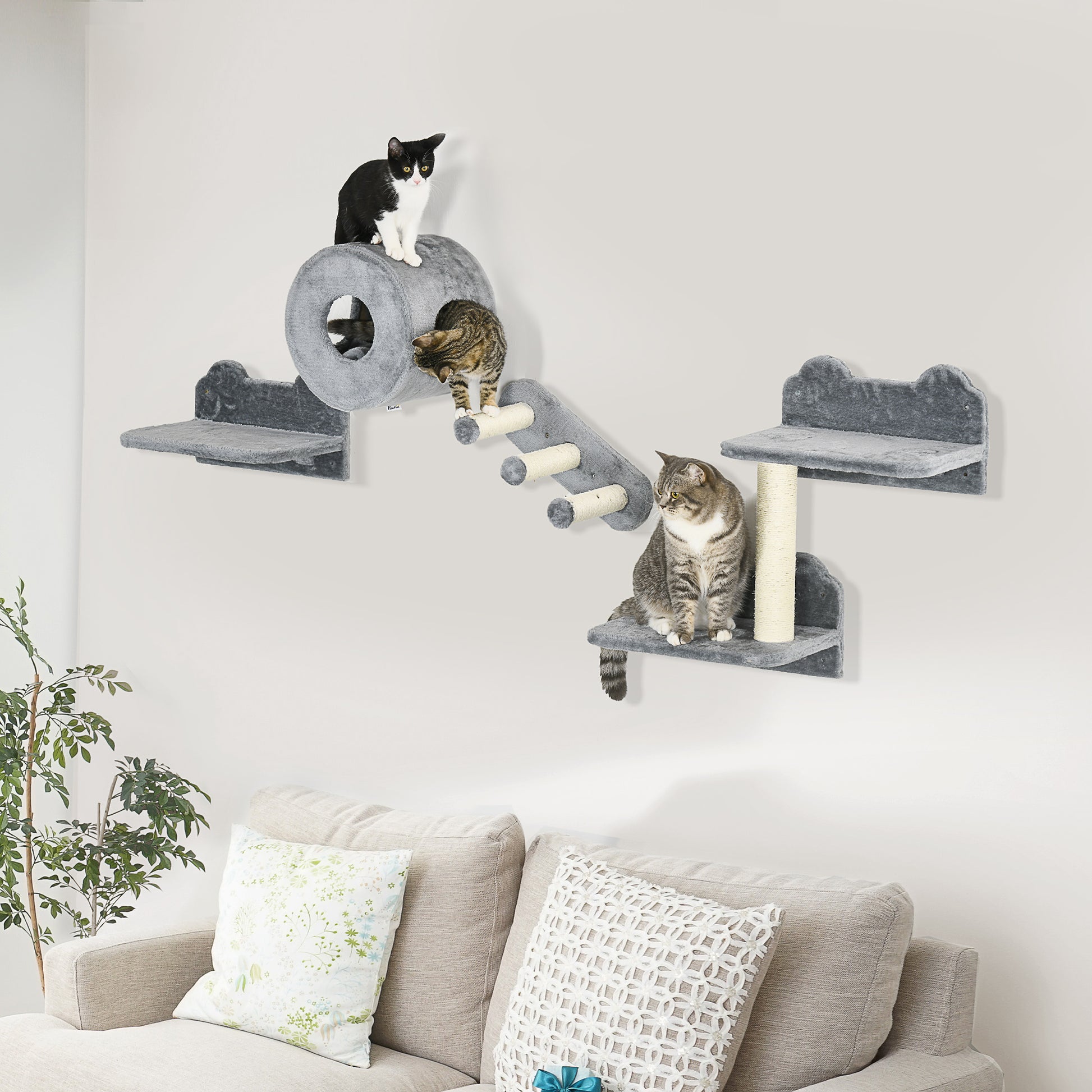 4 PCs 9.3" H Cat Wall Shelves, Pet Wall-mounted Climbing Shelf Set, Kitten Activity Centre with Condo, Cushion, Scratchi