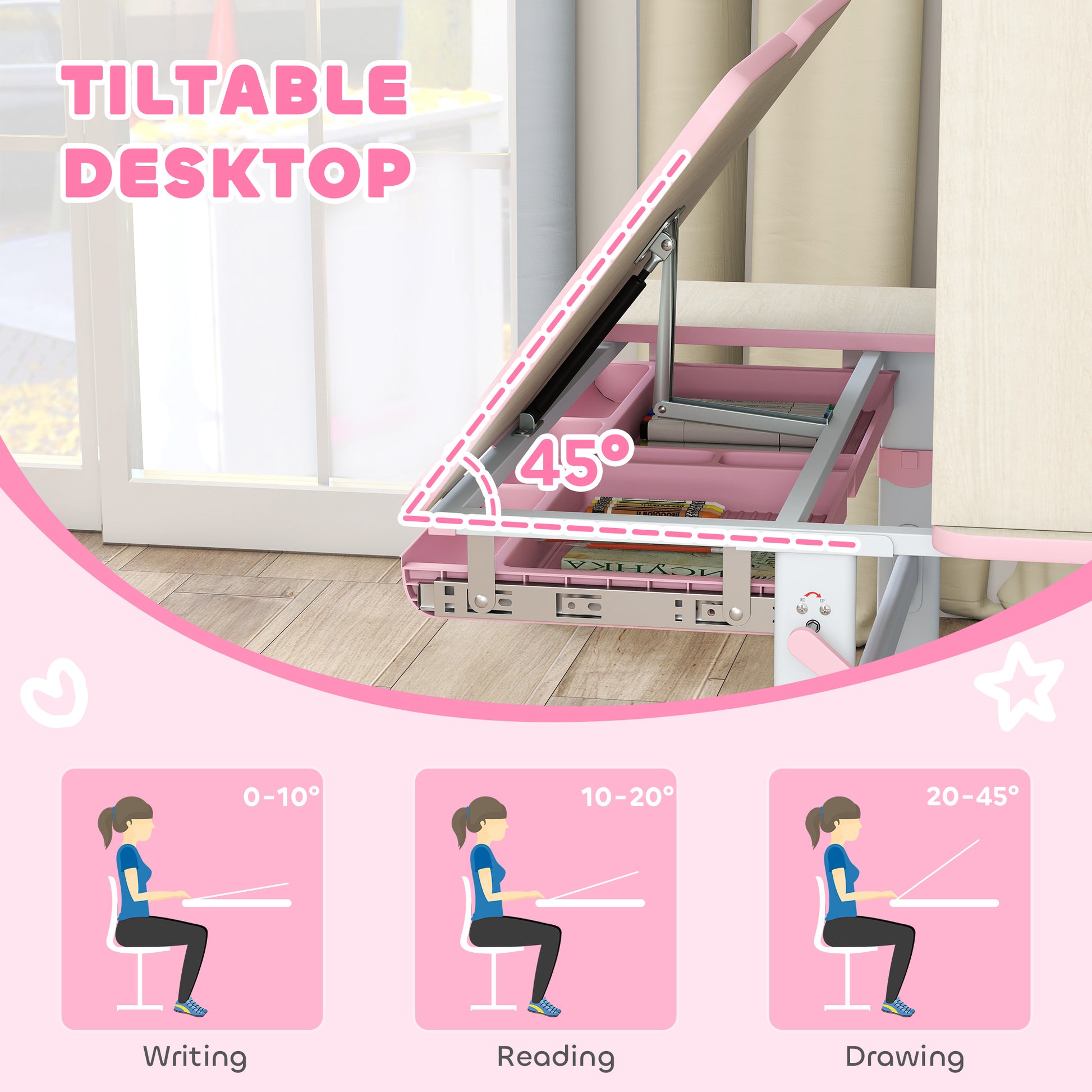 Qaba Kids Desk and Chair Set with Tilt Desktop, Adjustable Height, Drawer and Shelves for Boys Girls Ages 3-12, Pink