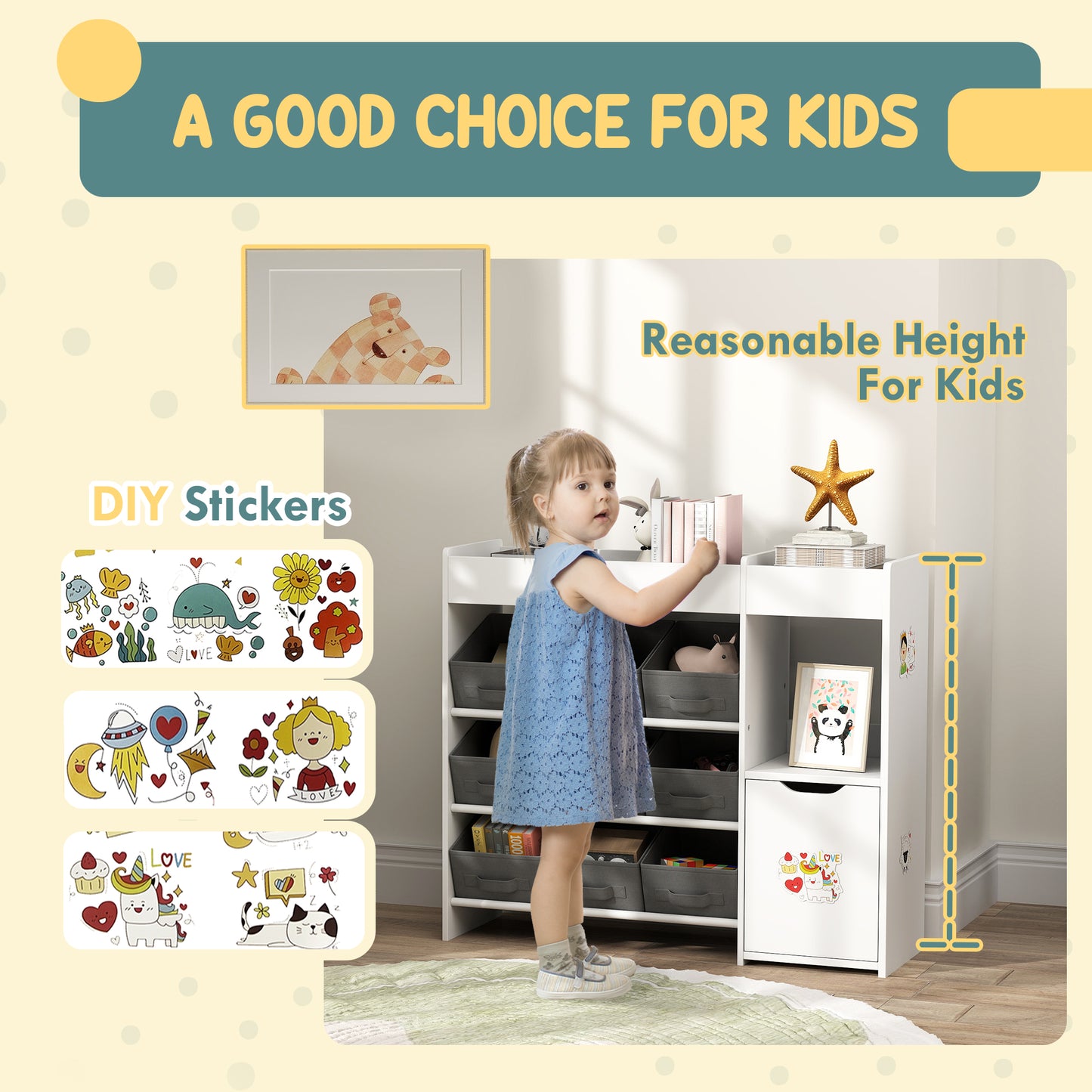 Qaba Toy Storage Organizer with 9 Non-Woven Fabric Boxes, Storage Cabinet & Shelves, for Kids Room, Nursery, Playroom Wh