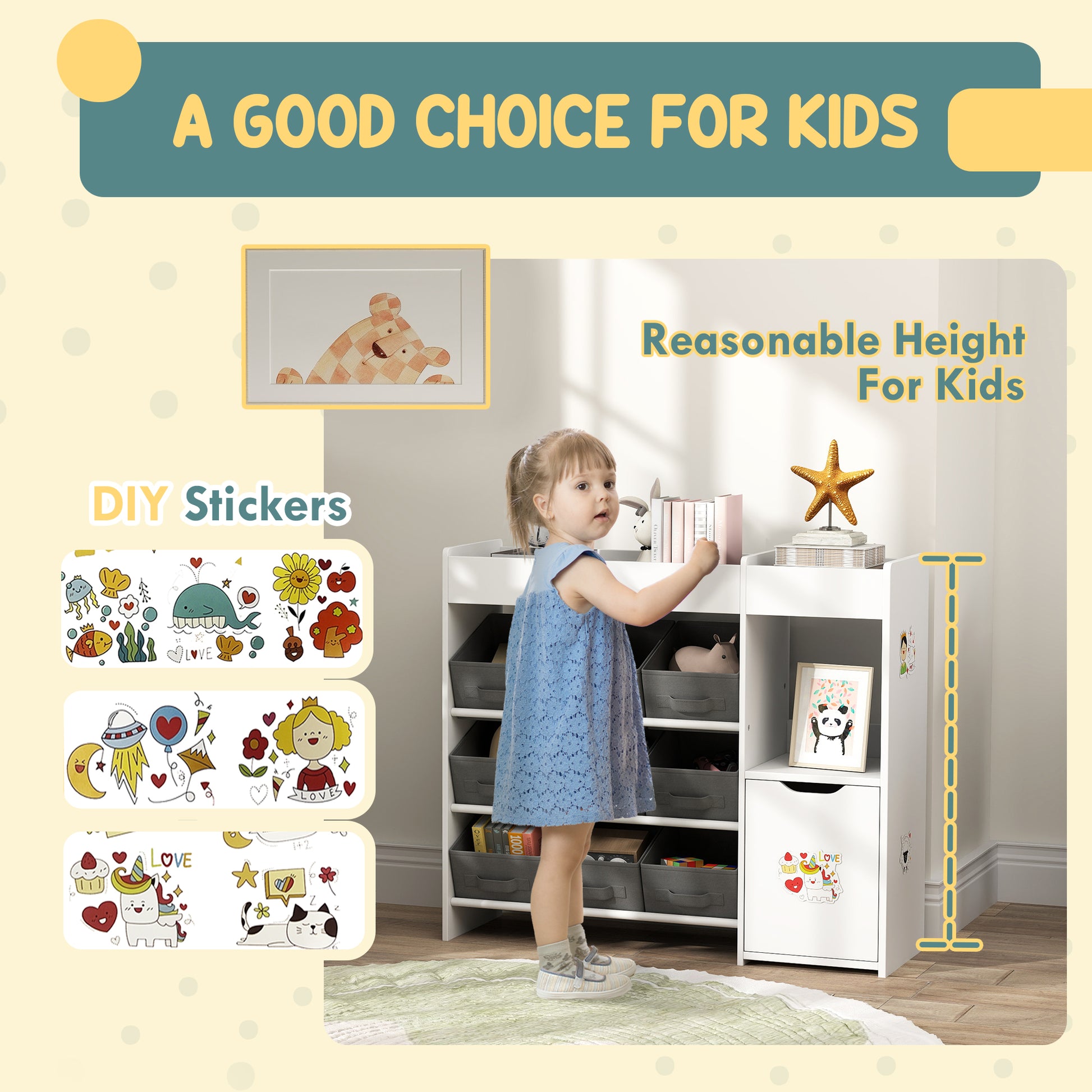 Qaba Toy Storage Organizer with 9 Non-Woven Fabric Boxes, Storage Cabinet & Shelves, for Kids Room, Nursery, Playroom Wh