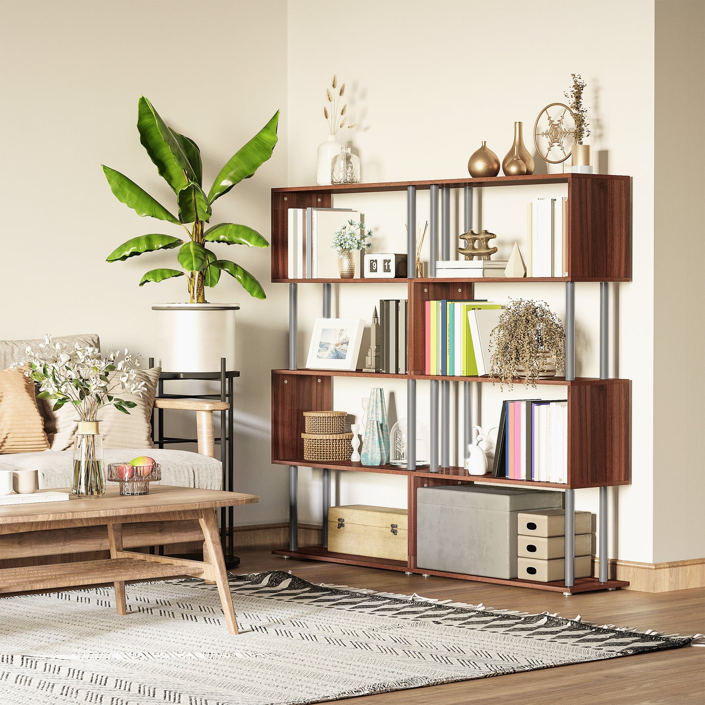5-Tiers Geometric Wooden Bookcase S-Shaped Storage Bookshelf Display with Metal Frame for Living Room, Bedroom, Home Off