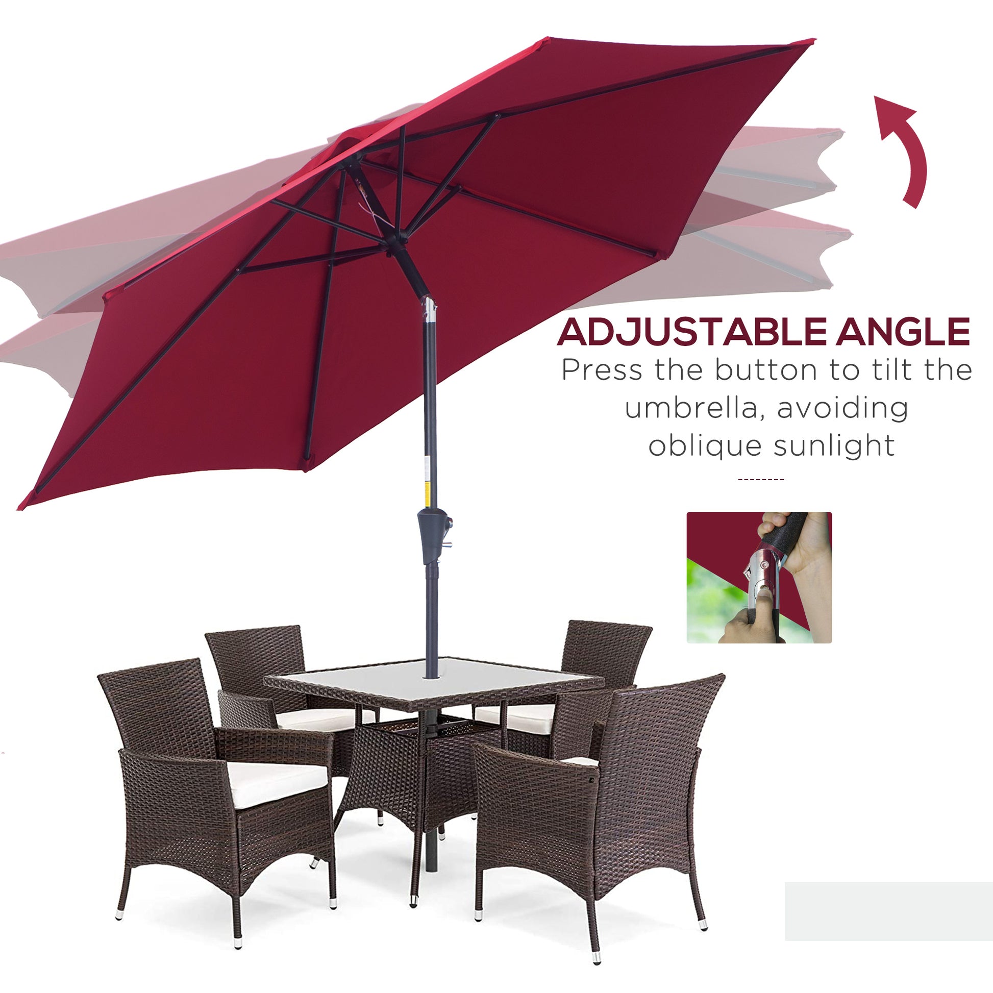 8.5FT Patio Umbrella, Round Garden Parasol with 6 Ribs, Market Sunshade Tilt Canopy w/ Crank Handle for Outdoor, Wine Re