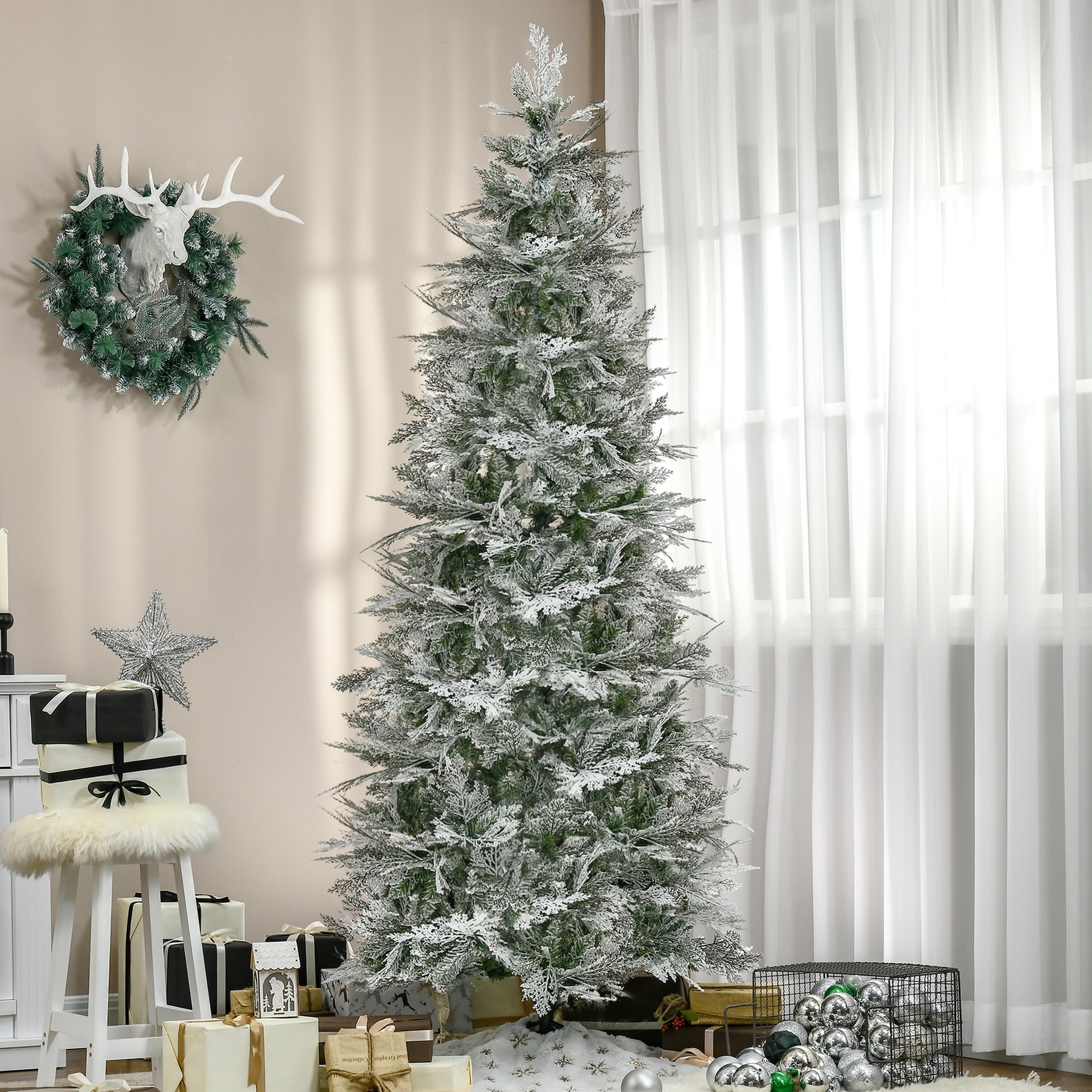7.5 Feet Pencil Snow Flocked Artificial Christmas Tree with 880 Realistic Cypress Branches, Auto Open, Green