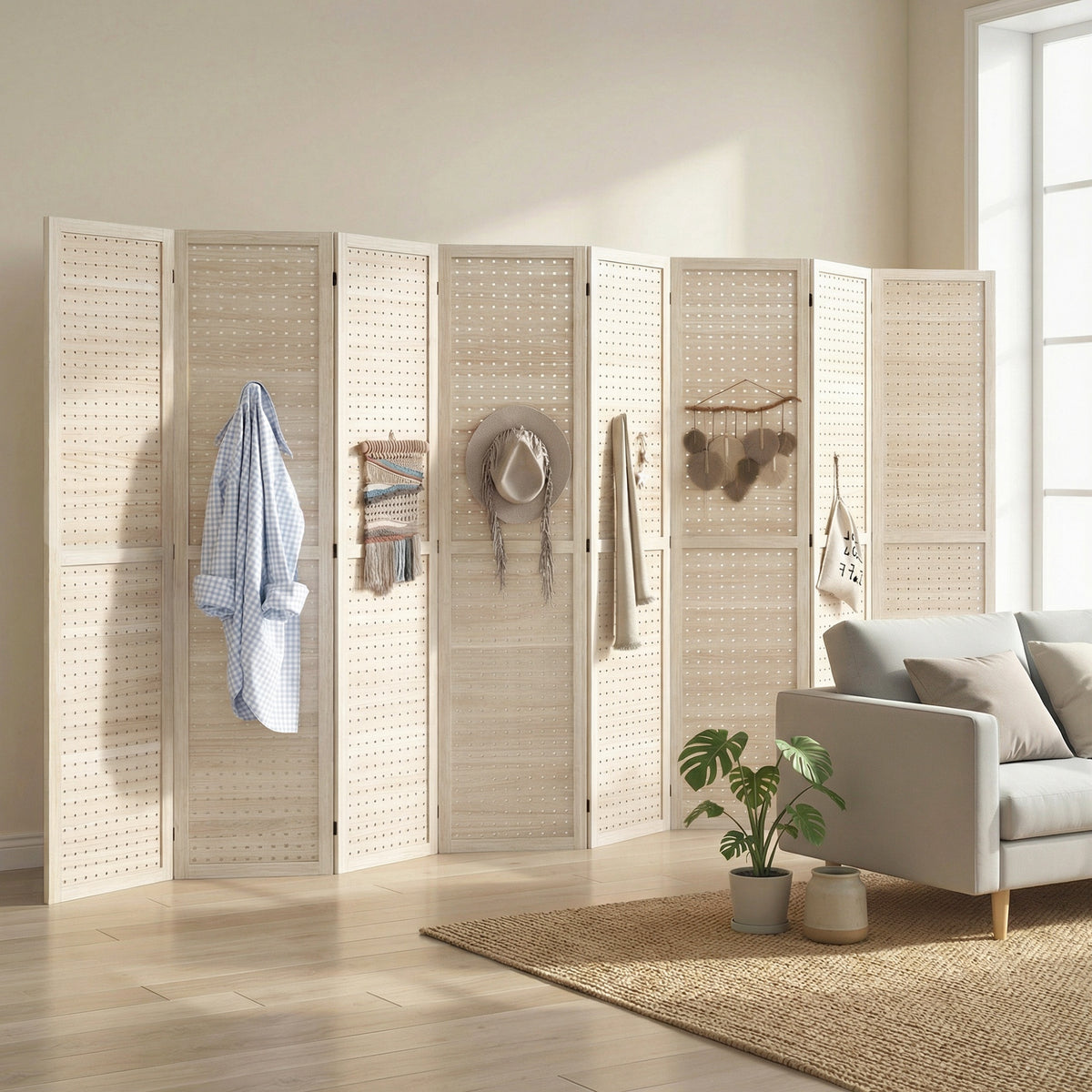 5.6 Ft. Tall 8-Panel Room Divider, Pegboard Panel Folding Privacy Screen, Partition Wall Divider for Bedroom, Natural