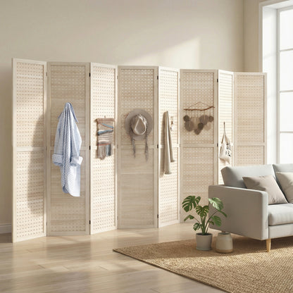 5.6 Ft. Tall 8-Panel Room Divider, Pegboard Panel Folding Privacy Screen, Partition Wall Divider for Bedroom, Natural
