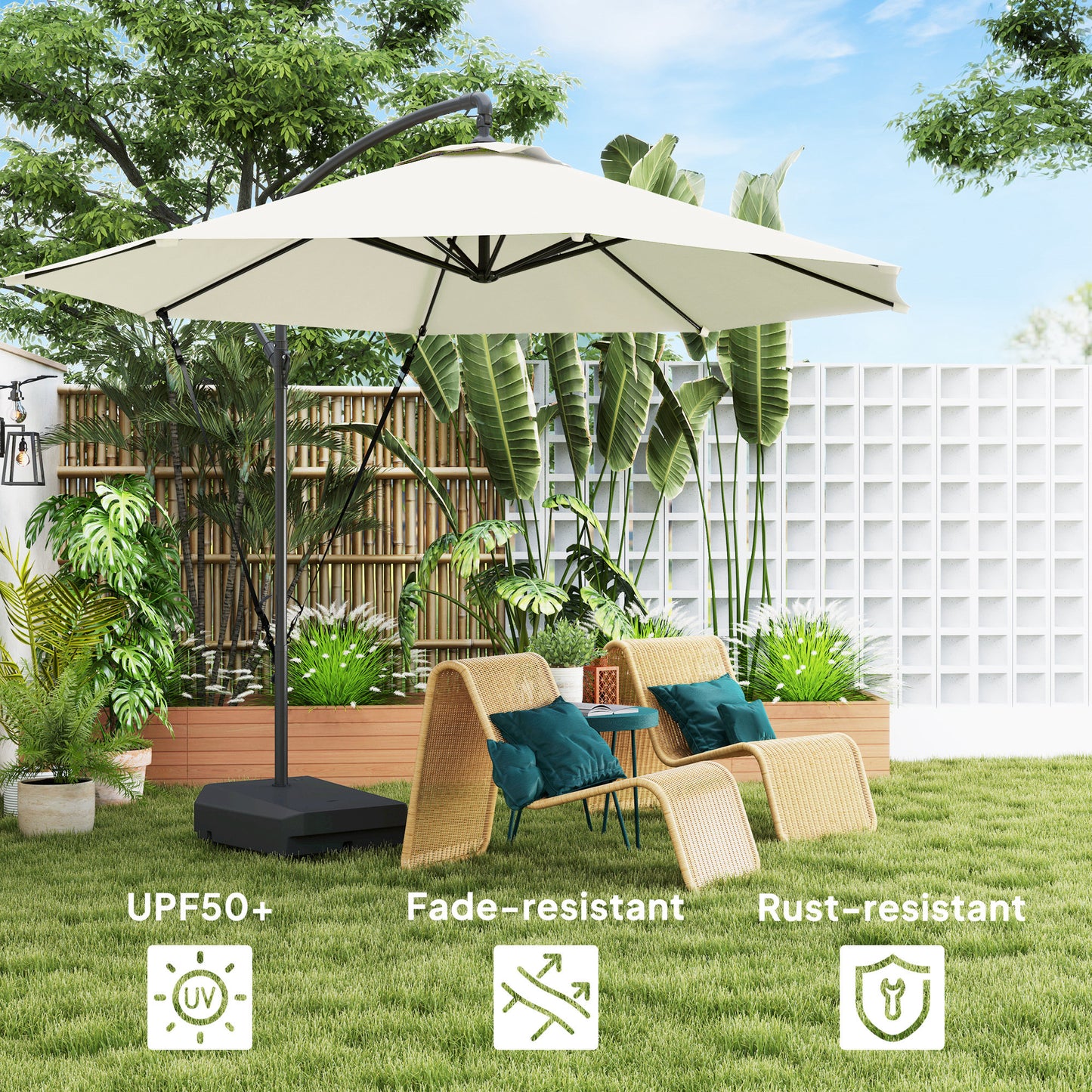 10FT Cantilever Umbrella with Fillable Base, Wind Strap and Cover, Offset Hanging Umbrella with Crank, Cream White