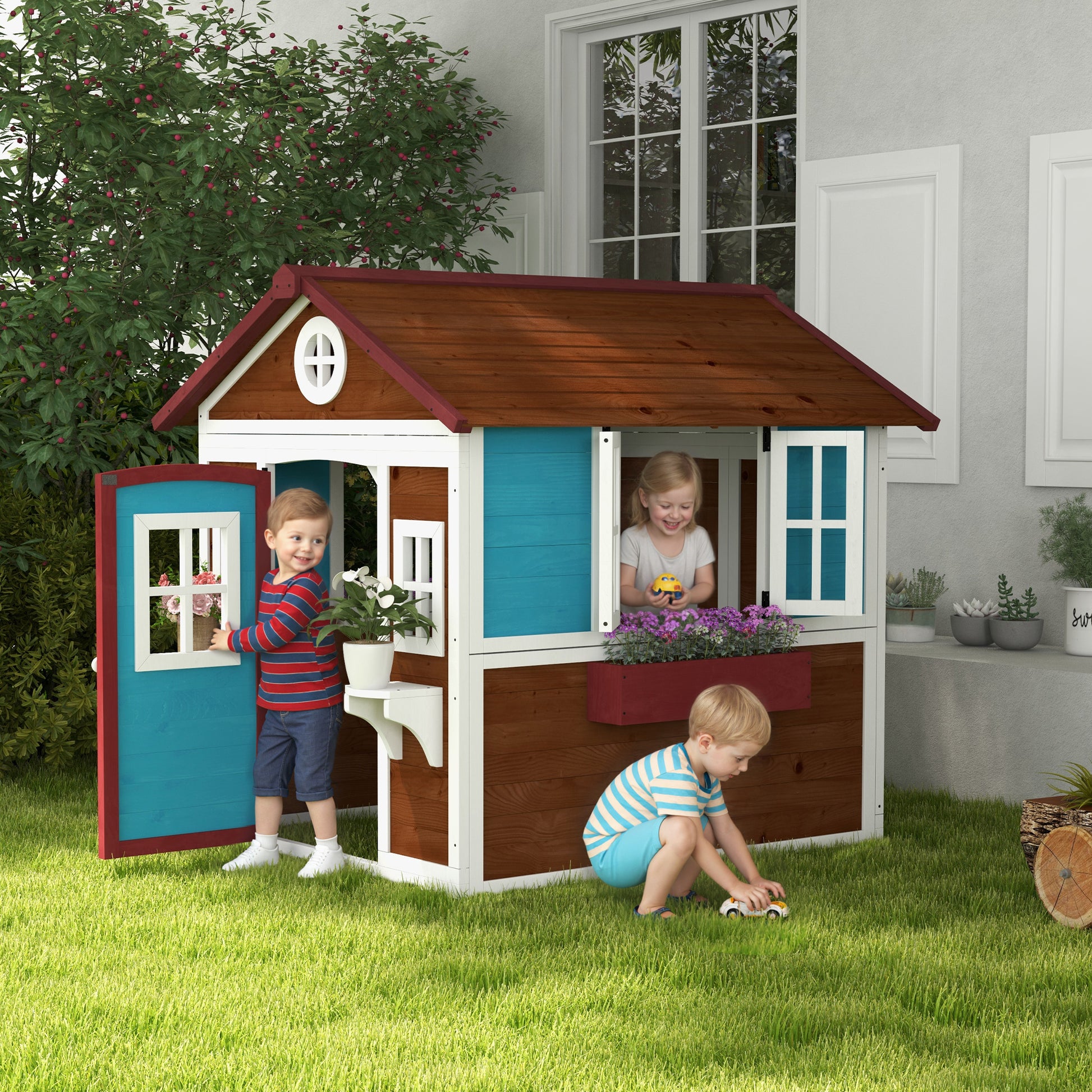 Wooden Playhouse for Kids Outdoor with Door, Windows, Planter Pots and Boxes for Toddlers 3-8 Years, Dark Brown