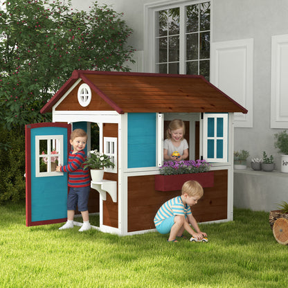 Wooden Playhouse for Kids Outdoor with Door, Windows, Planter Pots and Boxes for Toddlers 3-8 Years, Dark Brown