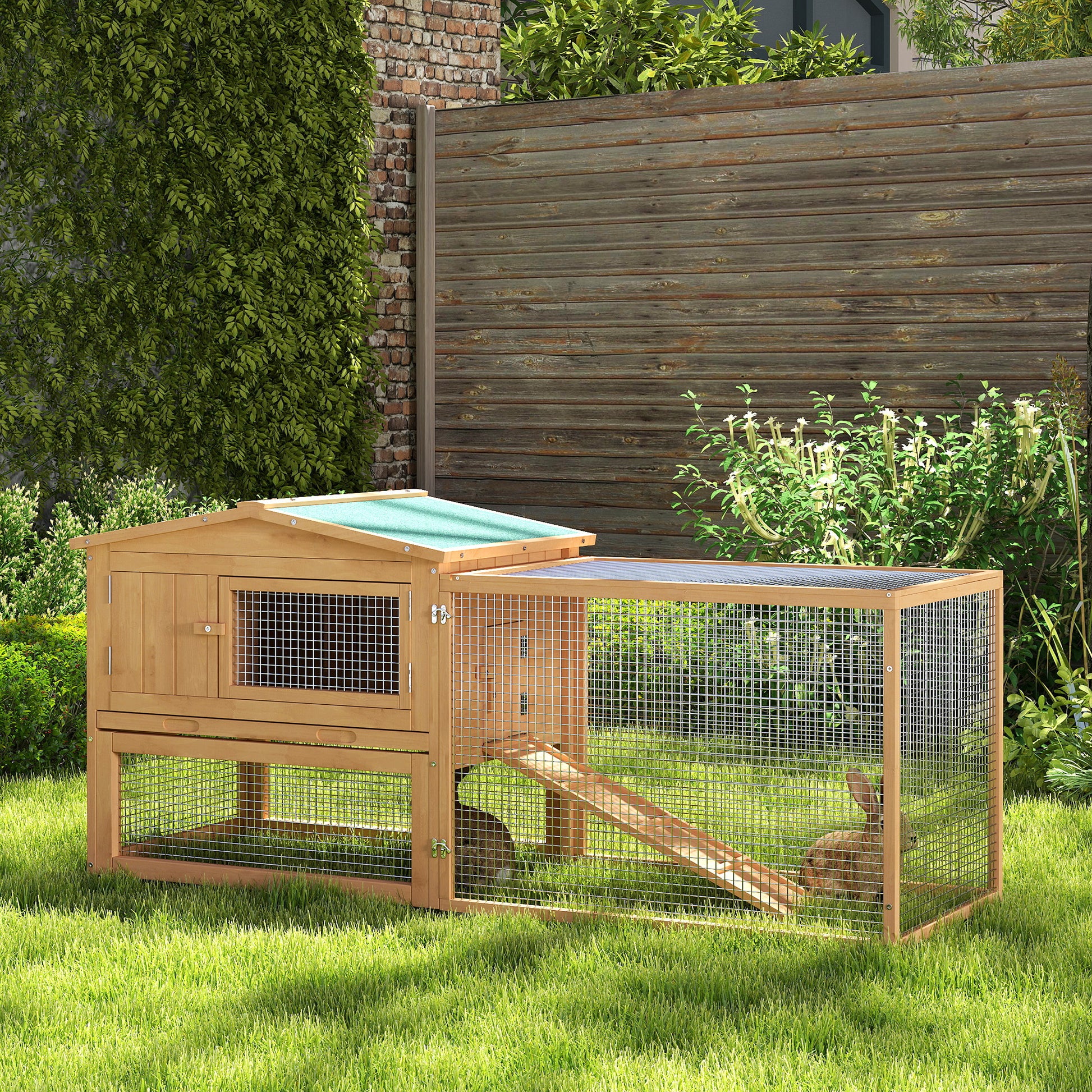 62'' L 2-Story Rabbit Hutch Bunny Cage Small Animal House with Pull Out Tray, Detachable Run, Ramp, for Indoor Outdoor, 