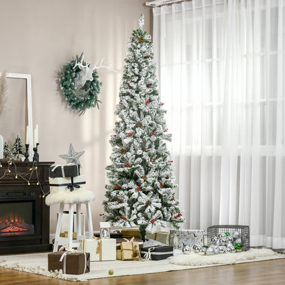 7.5 Foot Pencil Snow Flocked Artificial Christmas Tree with 950 Pine Realistic Branches, Pine Cones, Red Berries, Auto O