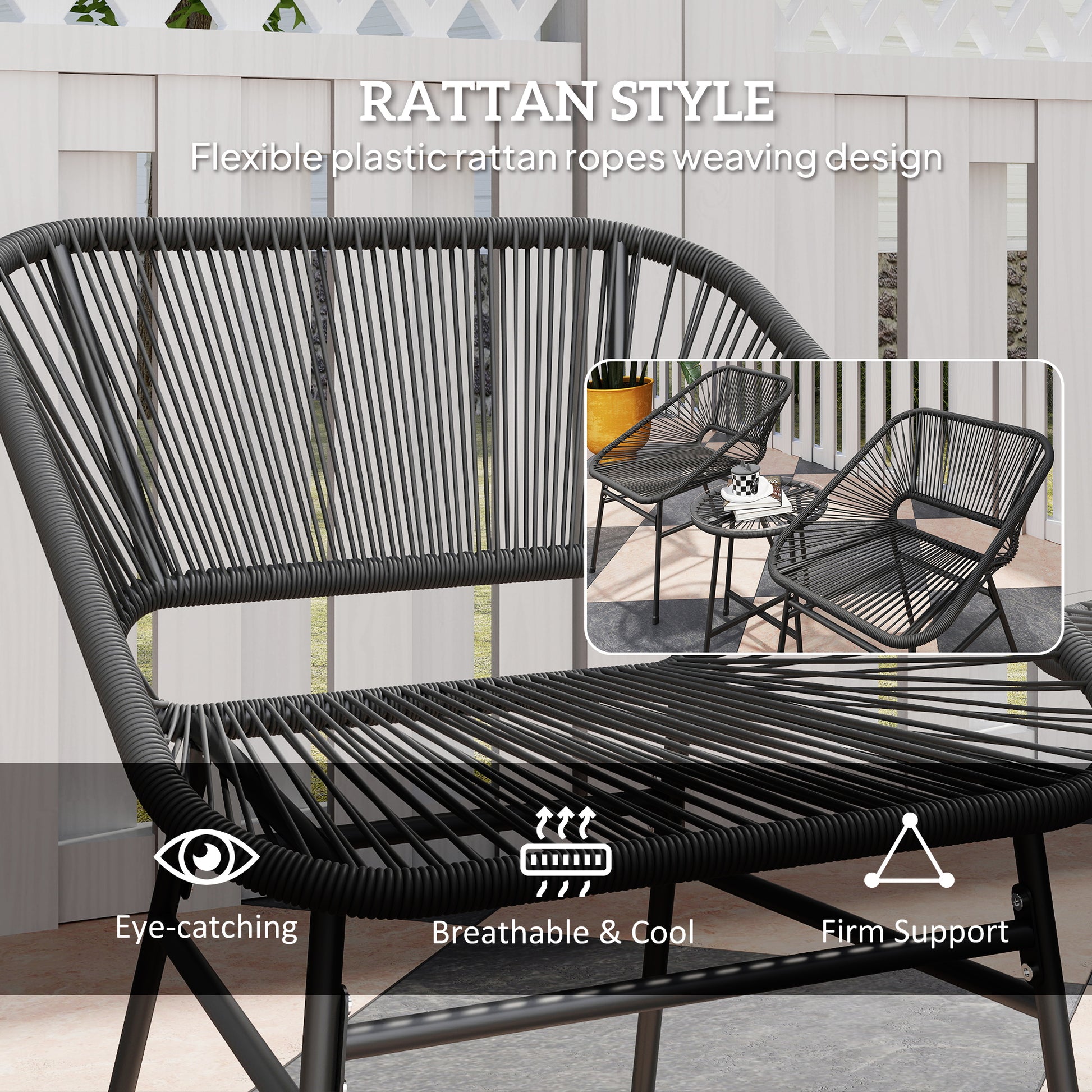 3 Piece Bistro Set, Wicker Outdoor Patio Furniture Set with Glass Top Table, Cushions for Balcony, Porch, Black