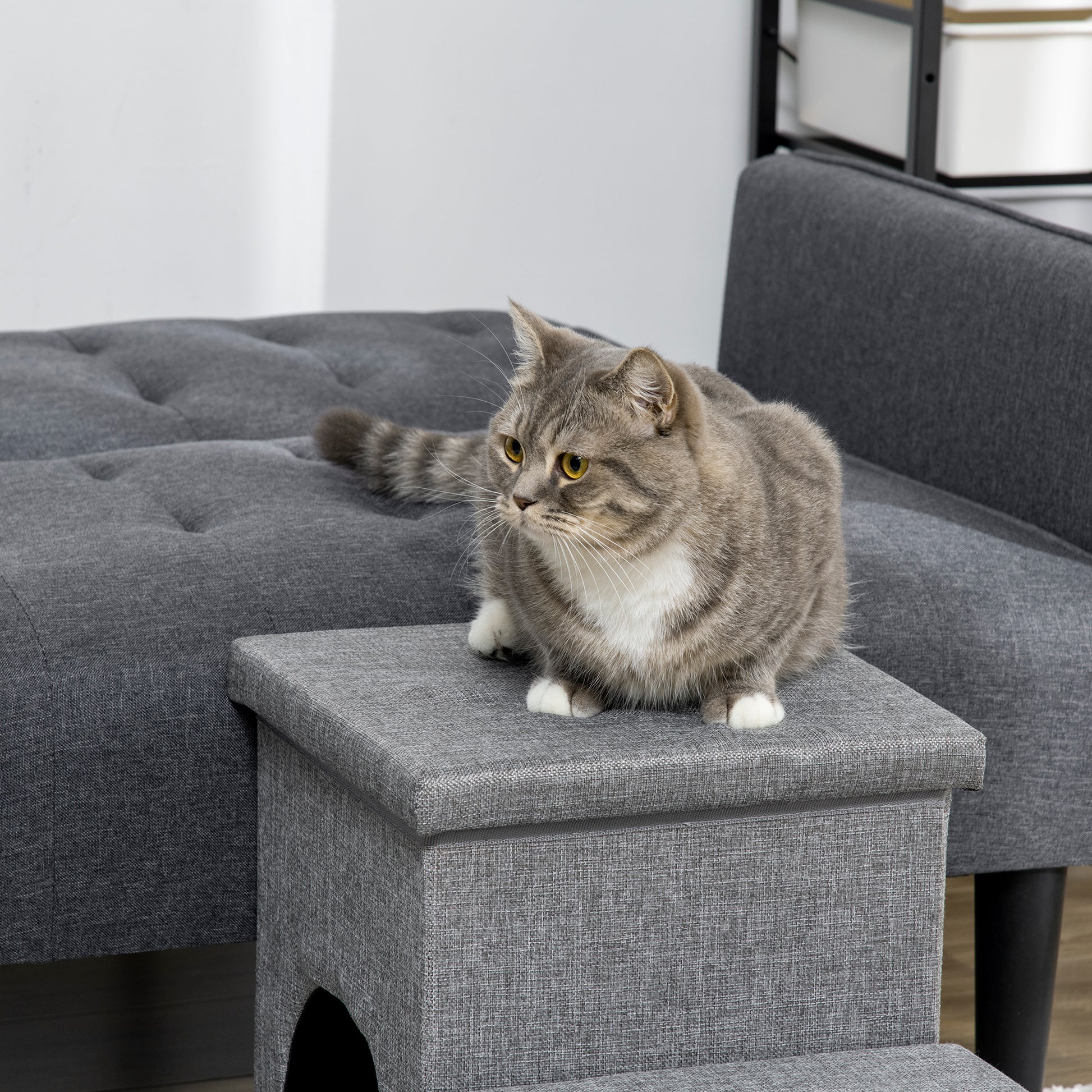 Dog Ramp with Storage Boxes and Condo, 3-step Pet Stairs for High Beds and Couch with Washable Plush Cushion