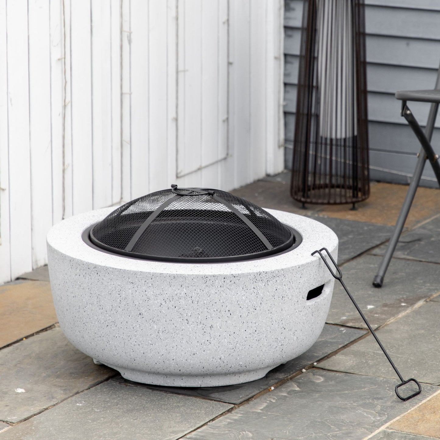 24" Outdoor Fire Pit with Stone Effect, Wood-burning Firepit Fireplace with Spark Screen and Poker for Backyard Camping 