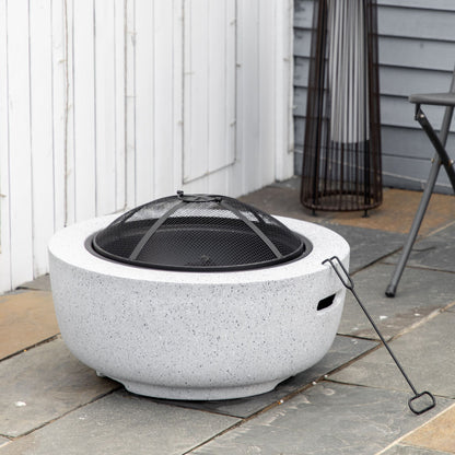 24" Outdoor Fire Pit with Stone Effect, Wood-burning Firepit Fireplace with Spark Screen and Poker for Backyard Camping 