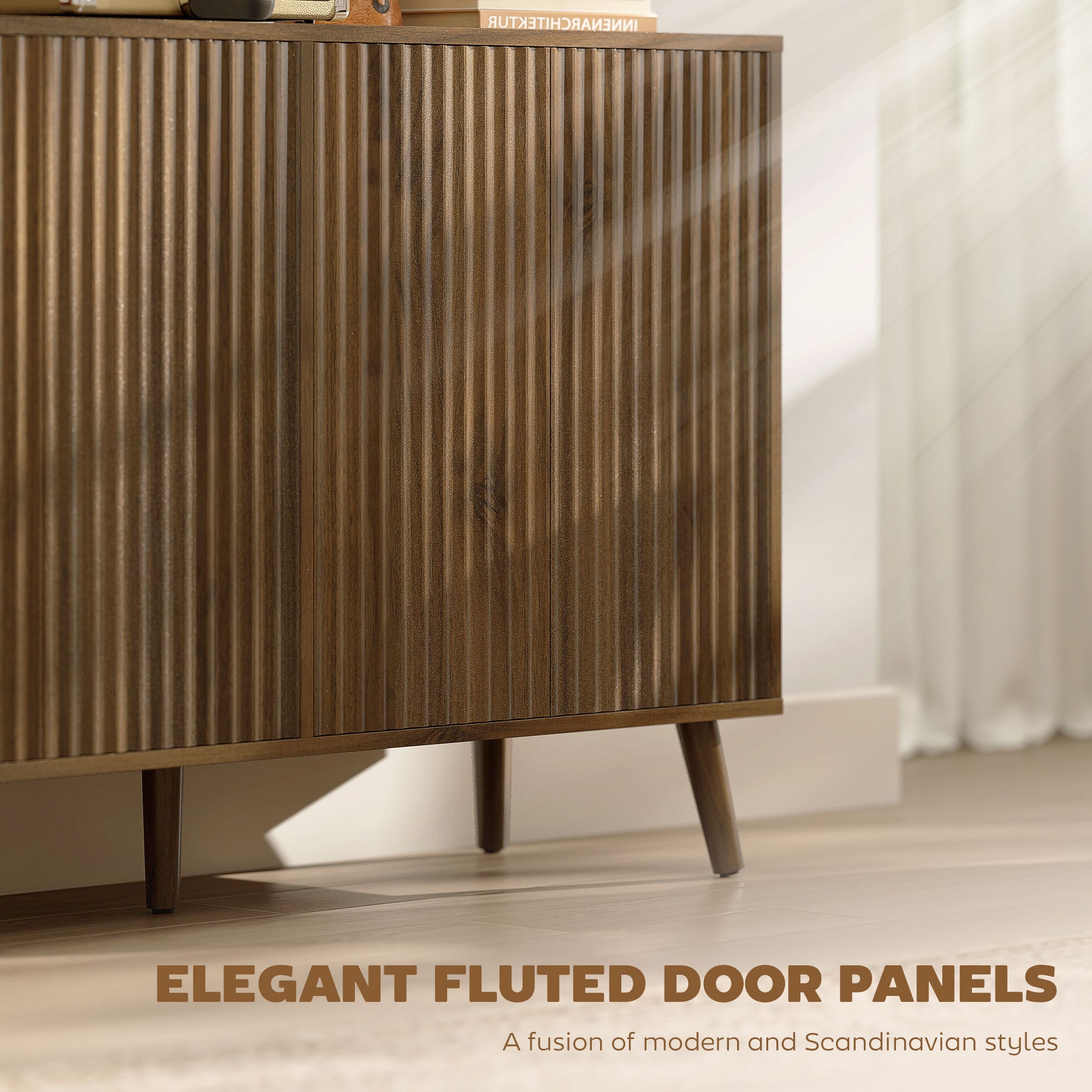 Buffet Cabinet with Storage, Modern Fluted Sideboard with Adjustable Shelves for Dining Room Living Room, Dark Brown