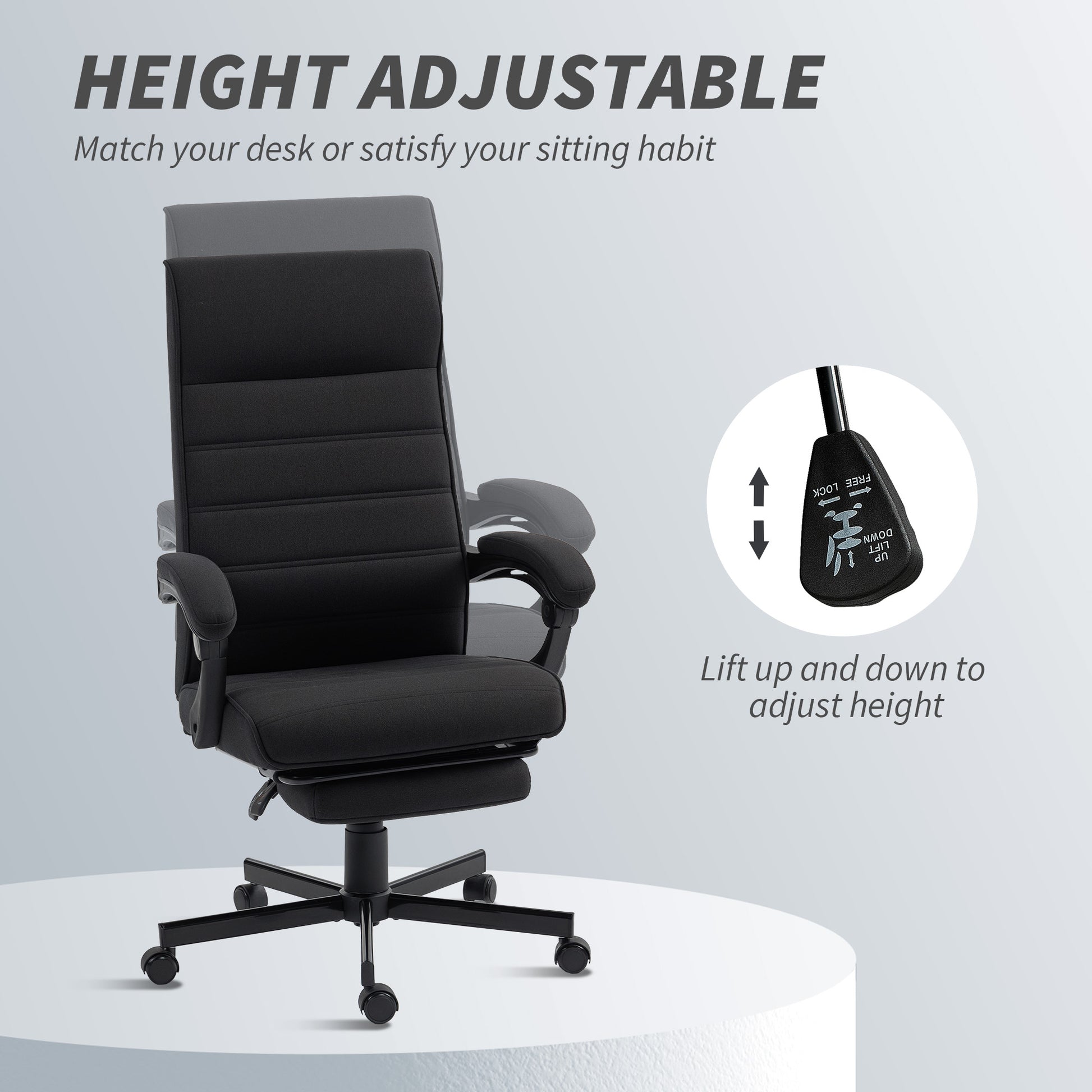 Office Chair, Linen High Back Desk Chair, Swivel Recliner with Adjustable Height, Footrest and Padded Armrest, Black