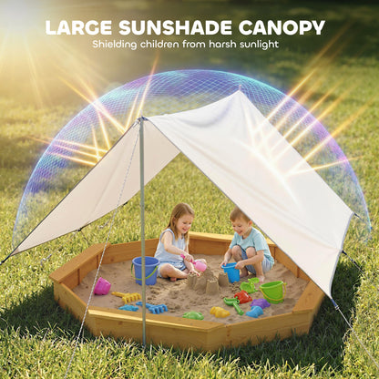 Qaba Wooden Kids Wooden Sandbox with Large Canopy, Outdoor Sand Box with 4 Bench Seats, Bottom Liner for Aged 3-8, Yello